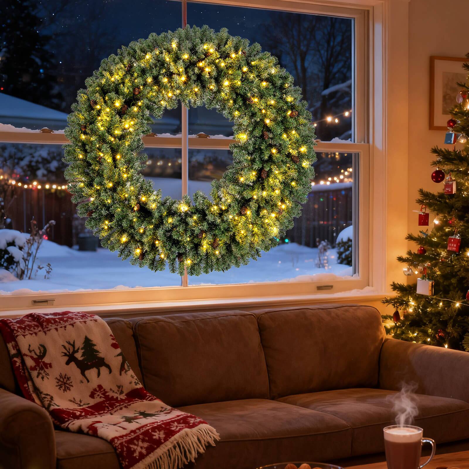 Alt View 1. Costway - Costway 60" Large Artificial Christmas Wreath with 200 White LED Lights, 680 Branch Tips - Green.