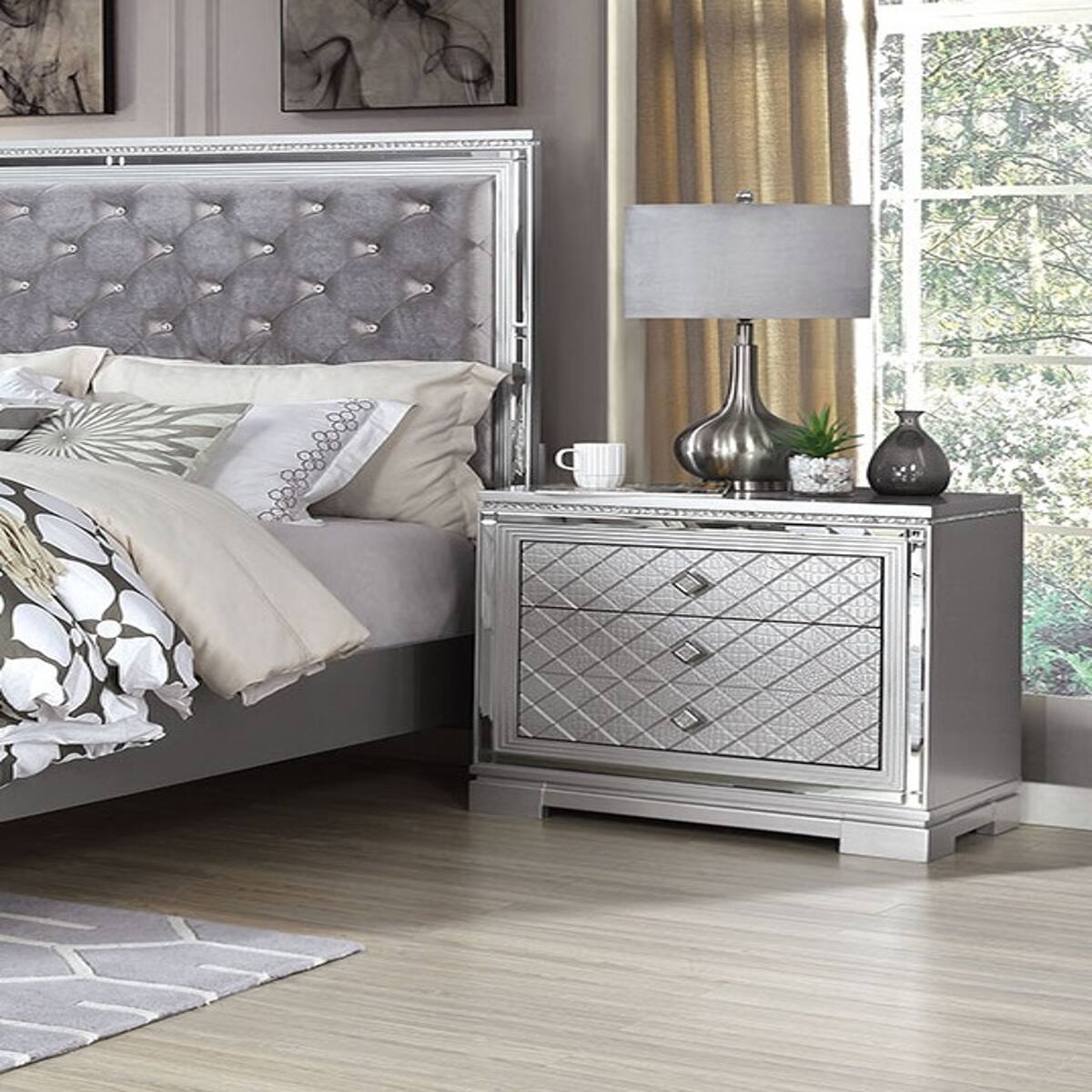 Left. Loheer - Loheer Silver Nightstand with USB Charger, Three-Drawer Bedside Cabinet with Hidden Jewelry Storage - Silver.