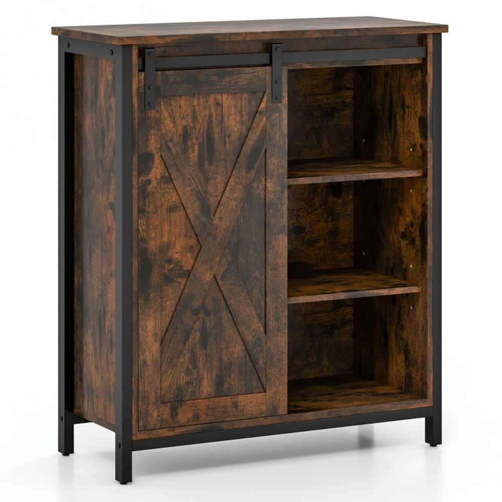 Pefilos - 32 Inch Farmhouse Sideboard Buffet Cabinet with Sliding Barn Door and Adjustable Shelves-Rustic - Brown