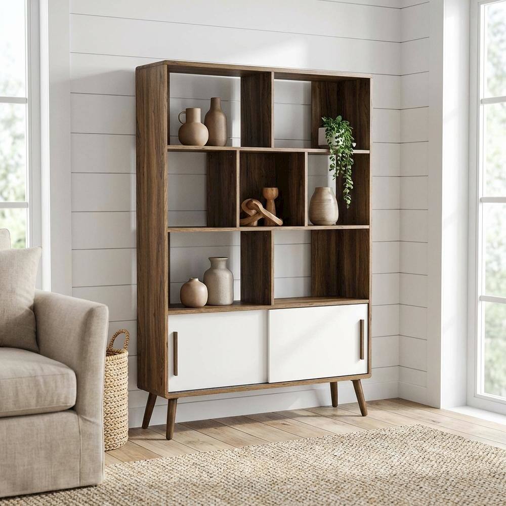 Angle. FurniFact - Wooden Bookcase with Sliding Doors for Living Room Storage - Brown.