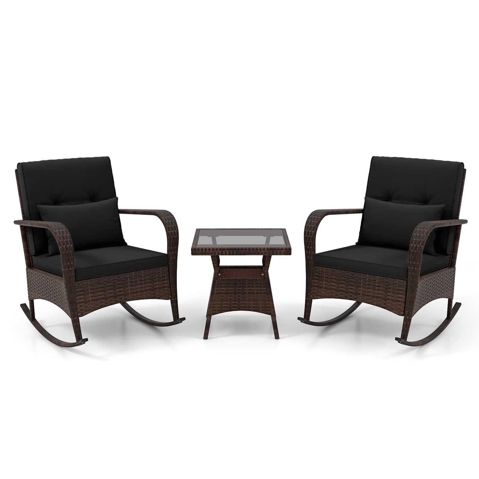 Gymax - 3 PCS Rocking Bistro Set w/Removable Cushions & Tempered Glass Top Coffee Table - Black