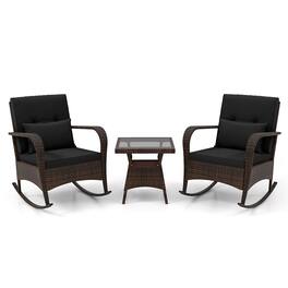 Gymax - 3 PCS Rocking Bistro Set w/Removable Cushions & Tempered Glass Top Coffee Table - Black