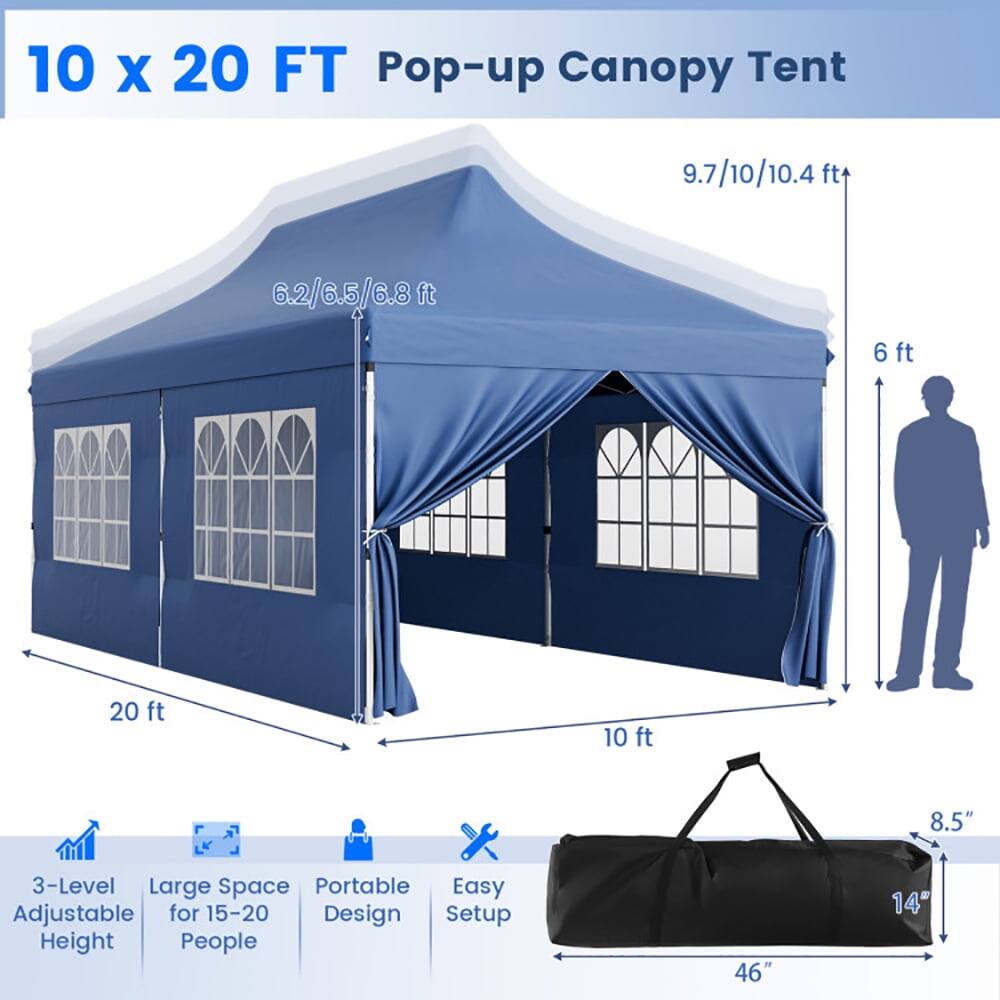 10 x 20 FT Pop-up Canopy Tent

- Height: 9.7/10/10.4 ft
- Width: 6.2/6.5/6.8 ft
- Depth: 6 ft
- Dimensions: 20 ft x 10 ft
- Bag Size: 46" x 14" x 8.5"

Features:
- 3-Level Adjustable Height
- Large Space for 15-20 People
- Portable Design
- Easy Setup