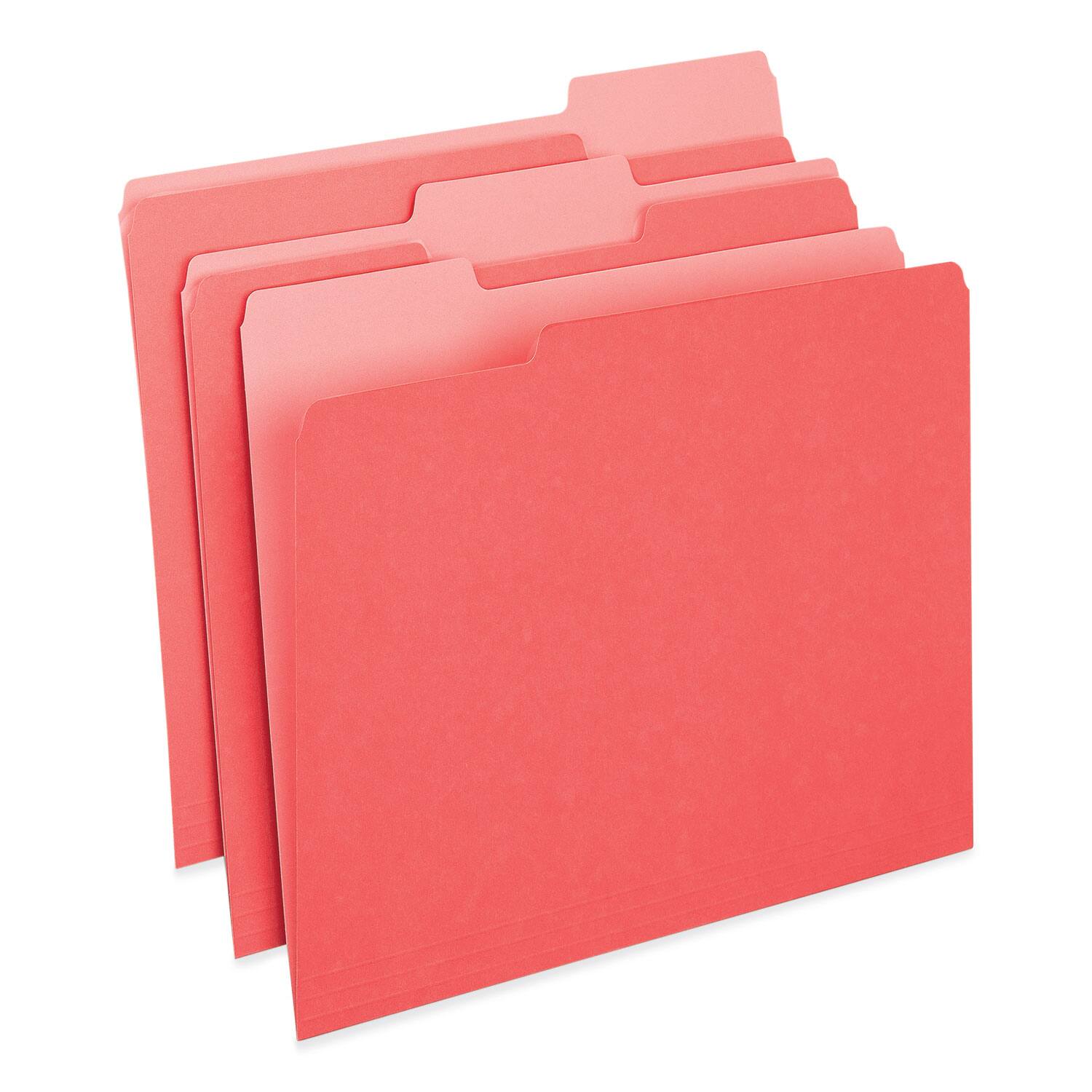 Angle. Universal - Deluxe Colored Top Tab File Folders, 1/3-Cut Tabs: Assorted, Letter Size, Red/Light Red, 100/Box.
