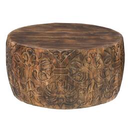 Manhattan Lane - Rea 34 Inch Handcrafted Mango Wood Coffee Table, Round Drum Shape, Carved Damask Pattern - Brown