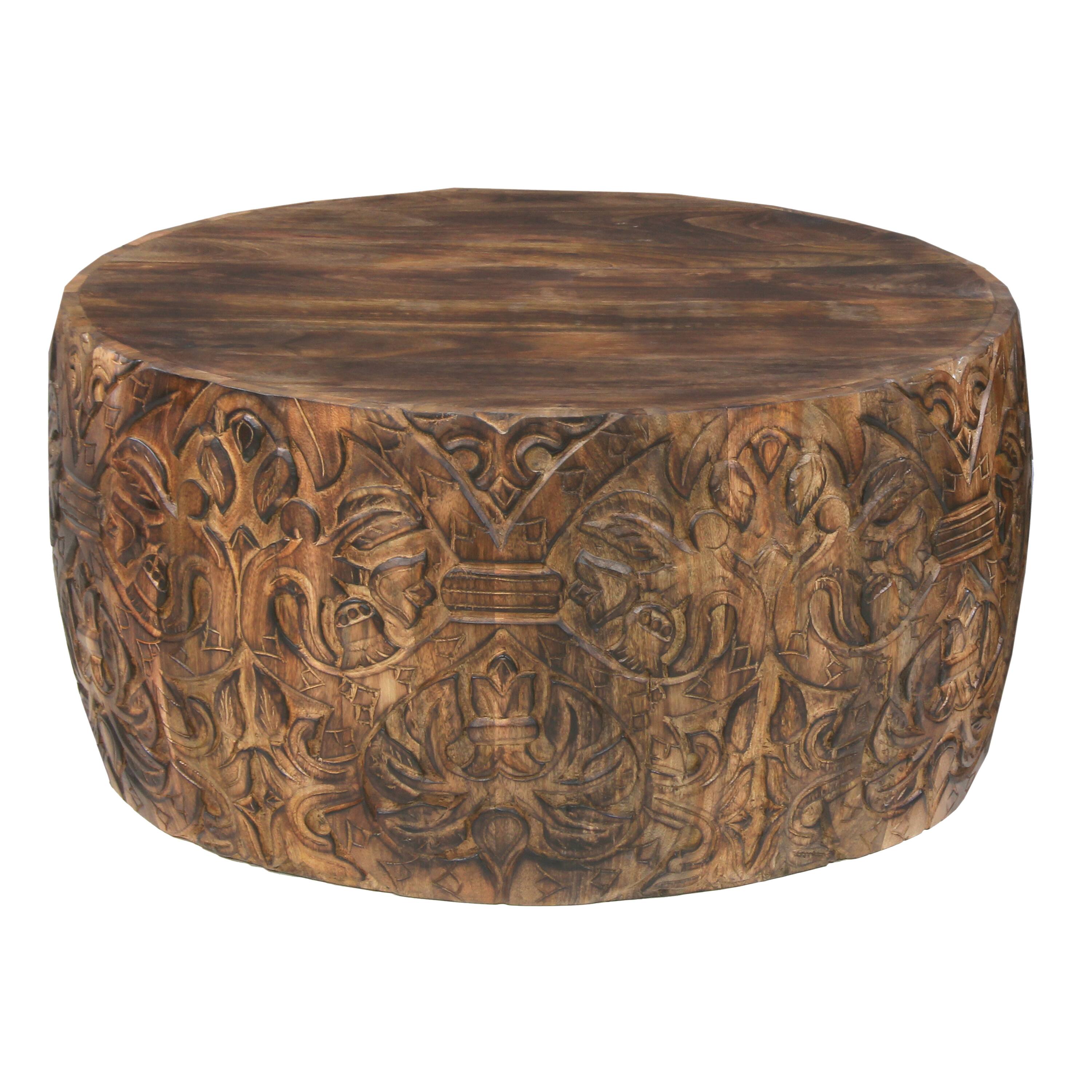 Front. Manhattan Lane - Rea 34 Inch Handcrafted Mango Wood Coffee Table, Round Drum Shape, Carved Damask Pattern - Brown.