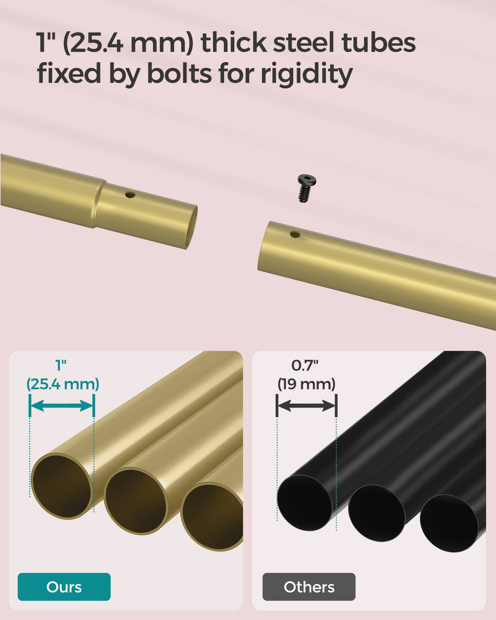 1" (25.4 mm) thick steel tubes fixed by bolts for rigidity

1" (25.4 mm)  
0.7" (19 mm)  
Ours  
Others