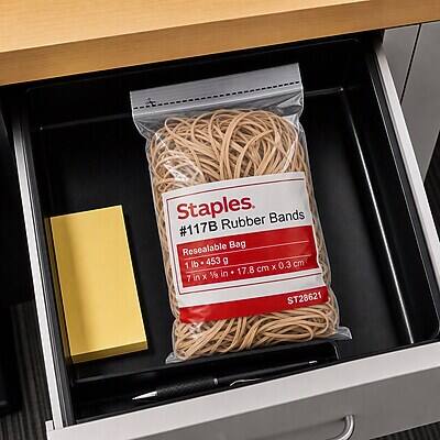 Staples.  
#117B Rubber Bands  
Resealable Bag  
1 lb - 453 g  
7 in x 1 in x 1/8 in  
17.8 cm x 2.5 cm x 0.3 cm  
ST28621