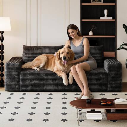 Front. Trinkets Crazed - 63" 2-Seater LoveSeat Sofa Plush Corduroy Boneless Couch with High Cushion Backrest and Wider Armrest - black.