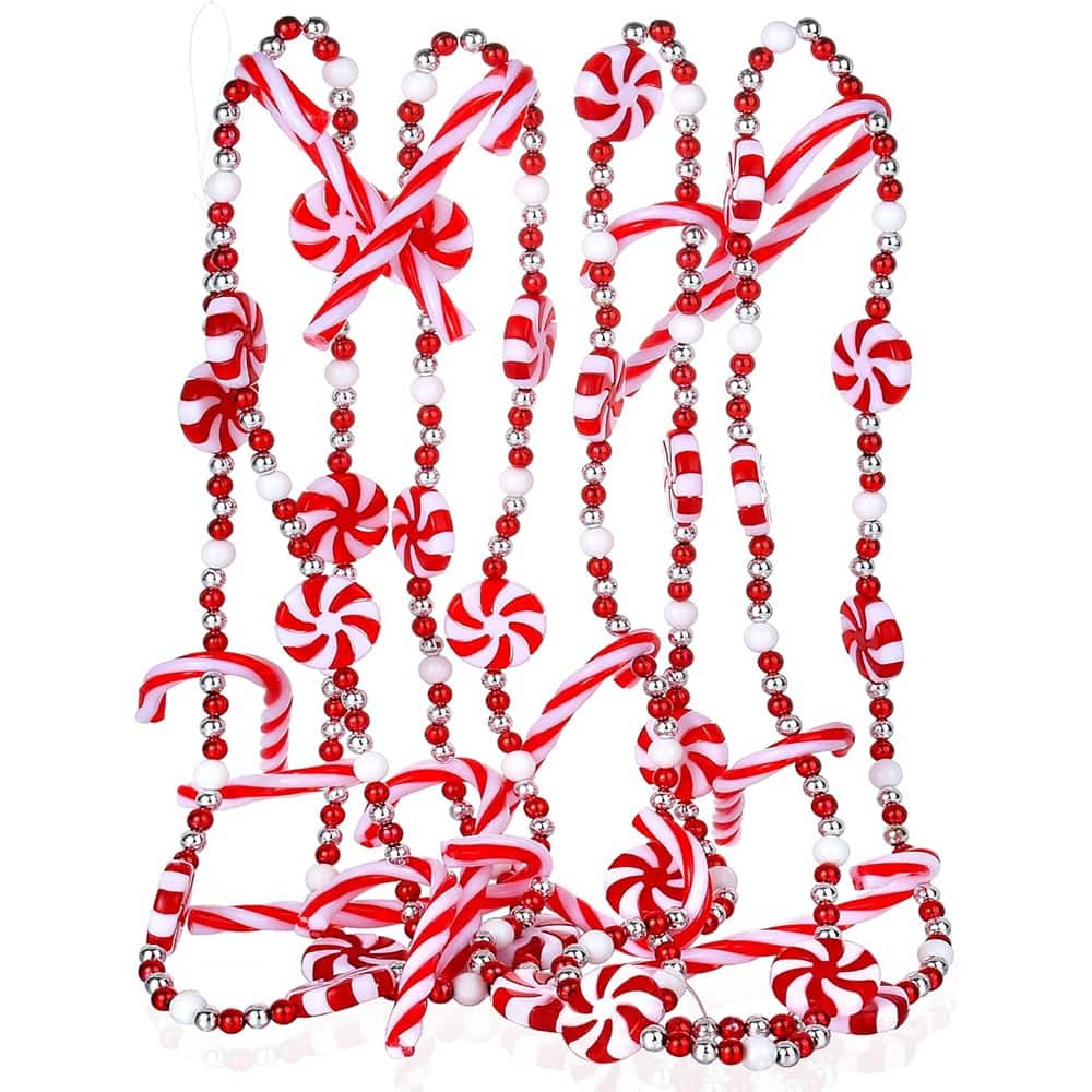 PARKER SLATER - 9-Ft Candy Cane Garland – Plastic Bead Christmas Tree & Wreath Decor - Red + White