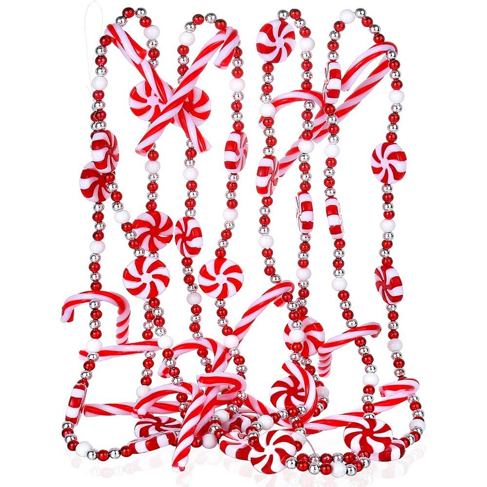 PARKER SLATER - 9-Ft Candy Cane Garland – Plastic Bead Christmas Tree & Wreath Decor - Red + White