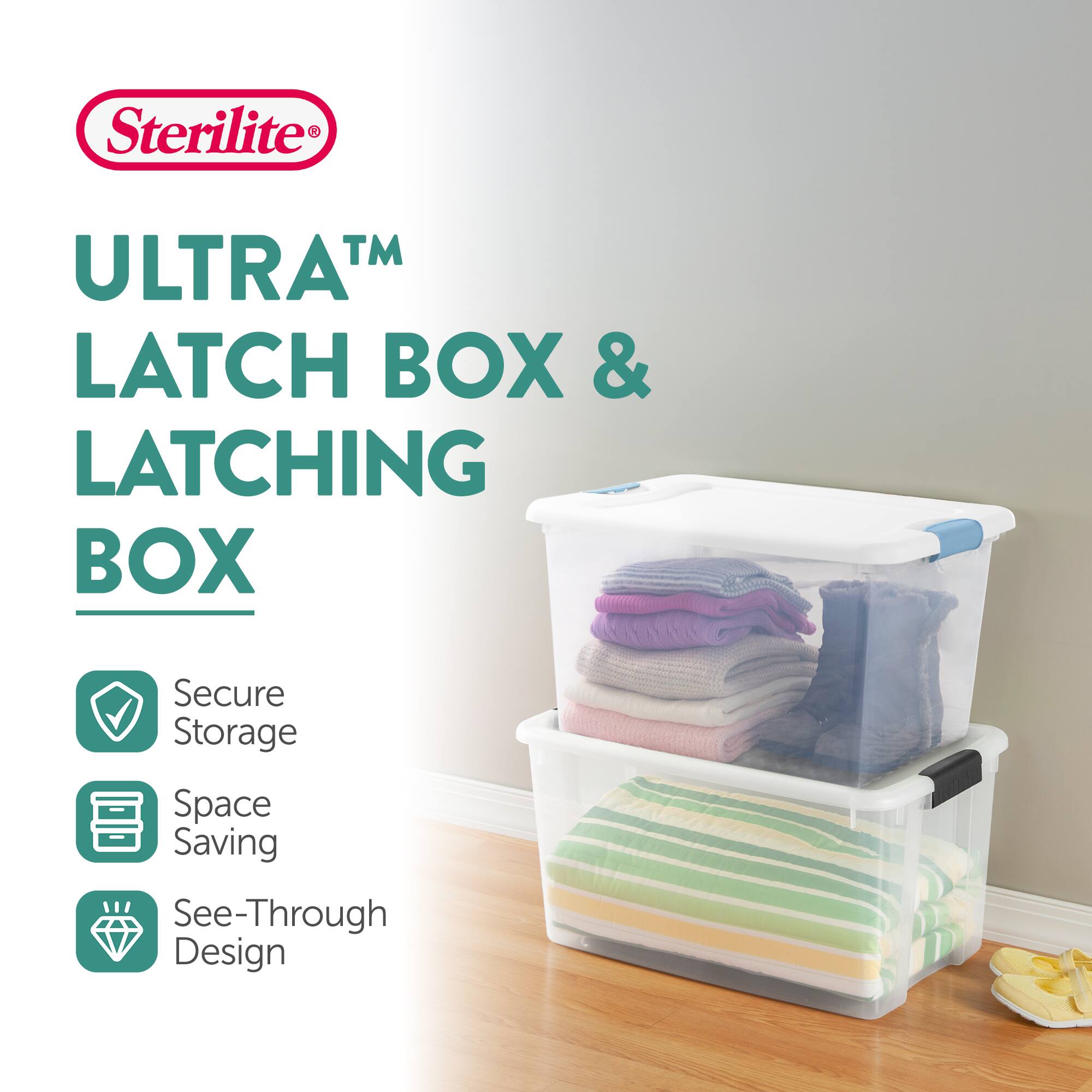 Sterilite®  
ULTRA™  
LATCH BOX & LATCHING BOX  

- Secure Storage  
- Space Saving  
- See-Through Design