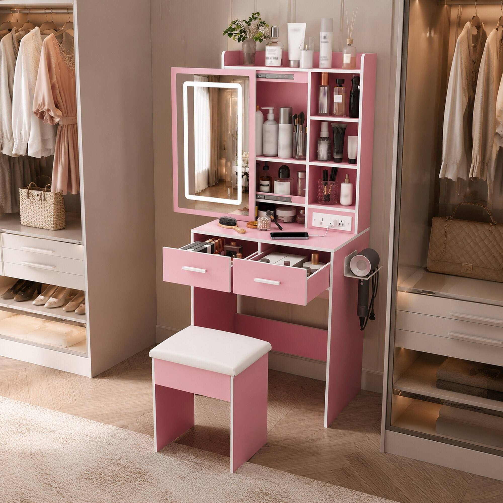 Left. RYHNUYNE - Small Makeup Vanity Desk, Pink, LED Mirror, Power Outlet, Hidden Storage, Padded Stool, Shelf, Space-Saving - Pink.