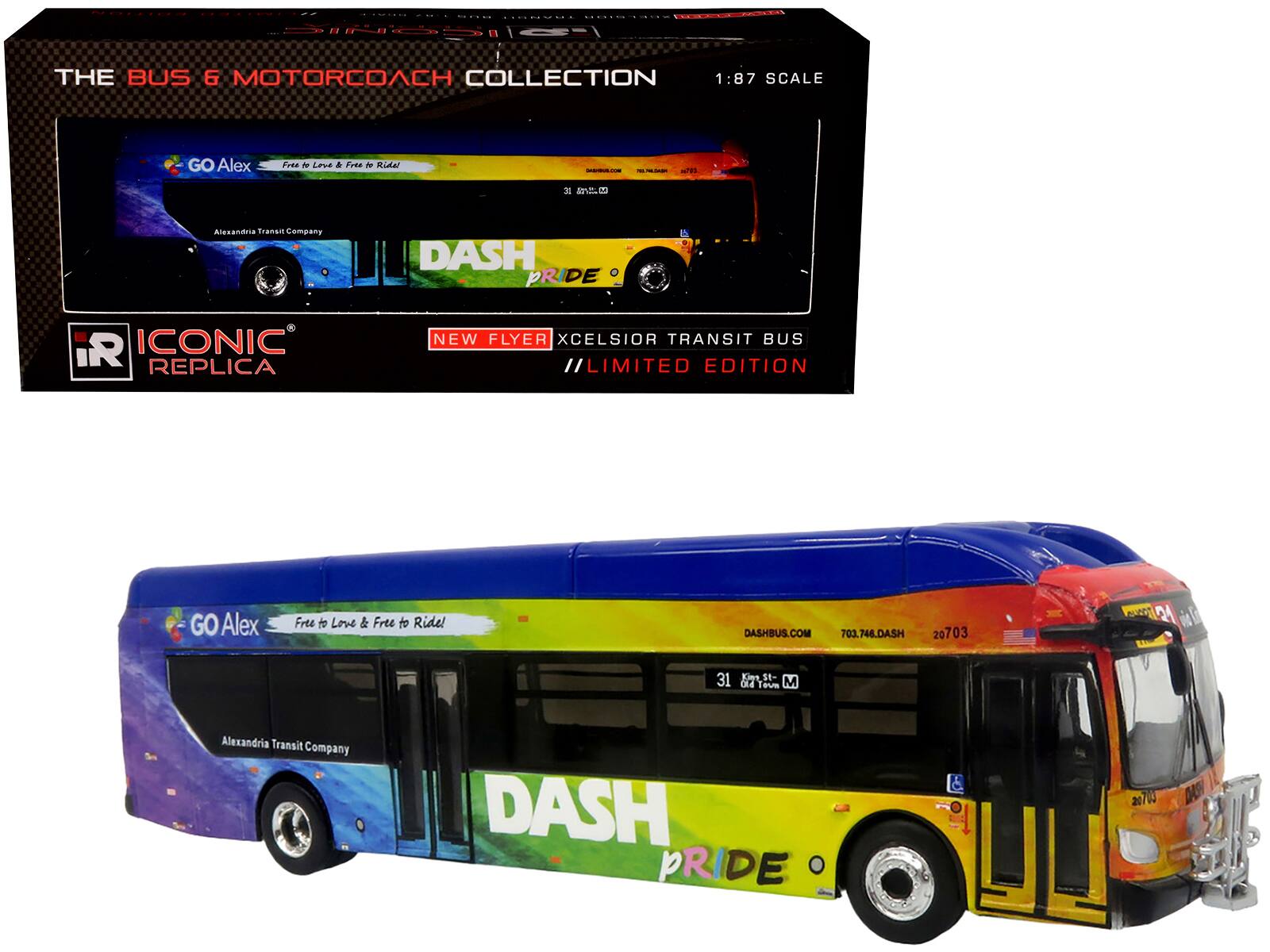 Iconic Replicas - New Flyer Xcelsior XN40 Transit Bus "DASH Pride Livery" Graphics 1/87 HO Diecast Model - Blue with Rainbow