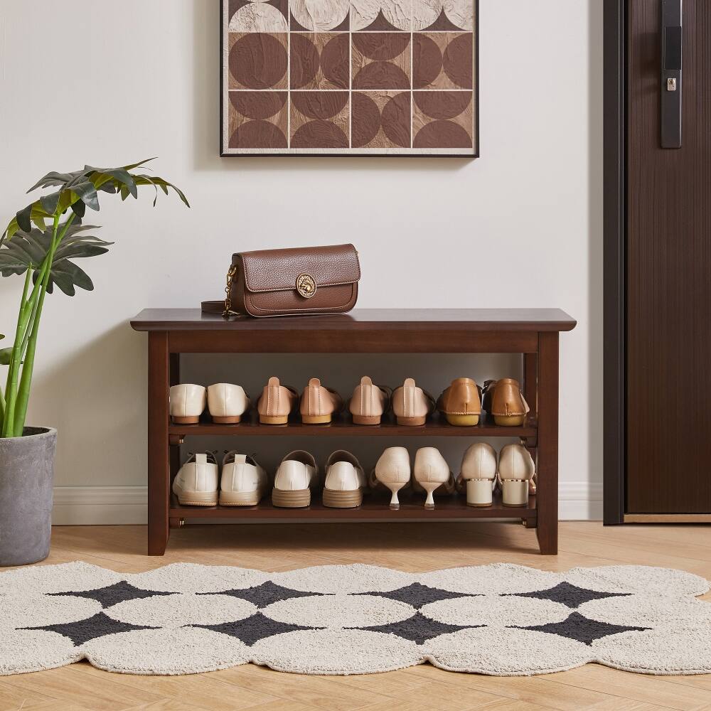 Front. Loheer - Loheer 2-Tier Solid Wood Shoe Bench, Walnut Entryway Shoe Rack with Storage Shelves, 31.5 Inch Wide - Walnut.