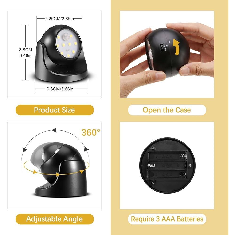 - Product Size
  - 7.25CM/2.85in
  - 8.8CM/3.46in
  - 9.3CM/3.66in

- Open the Case

- Adjustable Angle
  - 360°

- Require 3 AAA Batteries