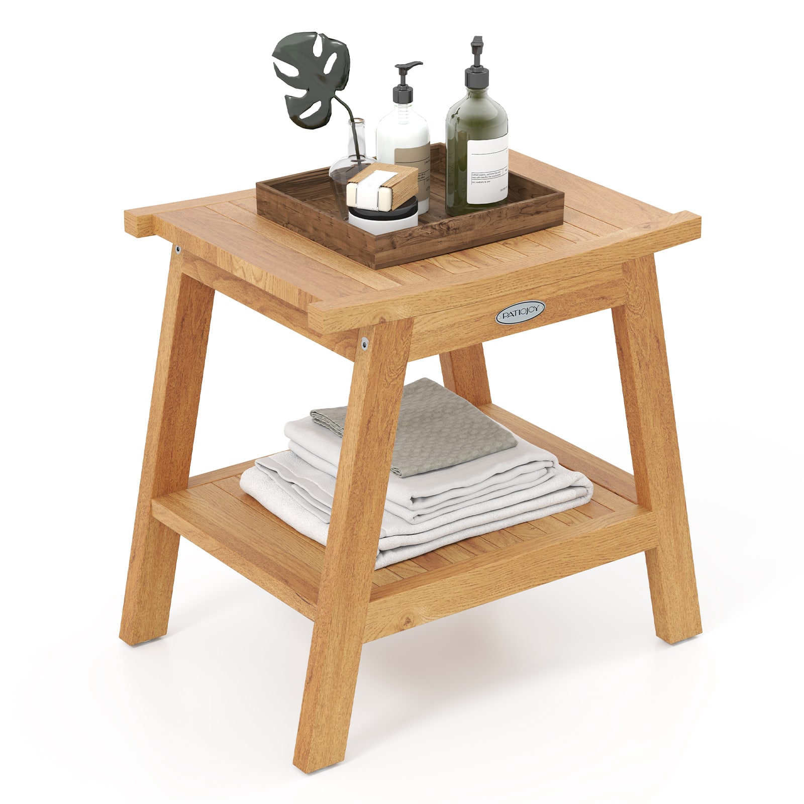 Gymax - 20'' Teak Wood Shower Bench w/ Storage Shelf Adjustable & Anti-slip Foot Pads Bathroom Spa Bathing Stool - Natural