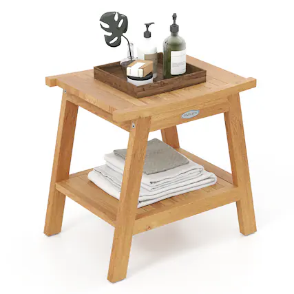 Front. Gymax - Gymax 20'' Teak Wood Shower Bench w/ Storage Shelf Adjustable & Anti-slip Foot Pads Bathroom Spa Bathing Stool - Natural.