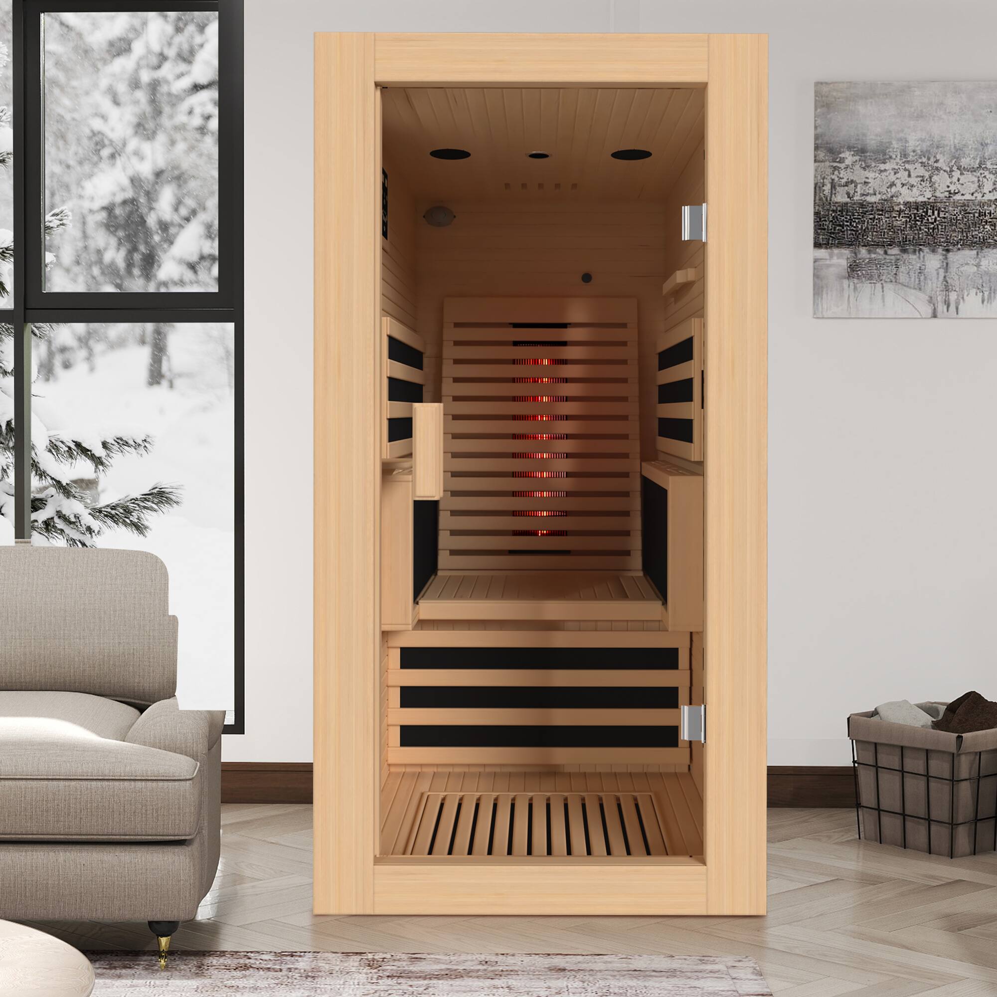 Angle. U-HOMY - U-HOMY Single infrared sauna with Backrest for Home or Gym - Wood Color.
