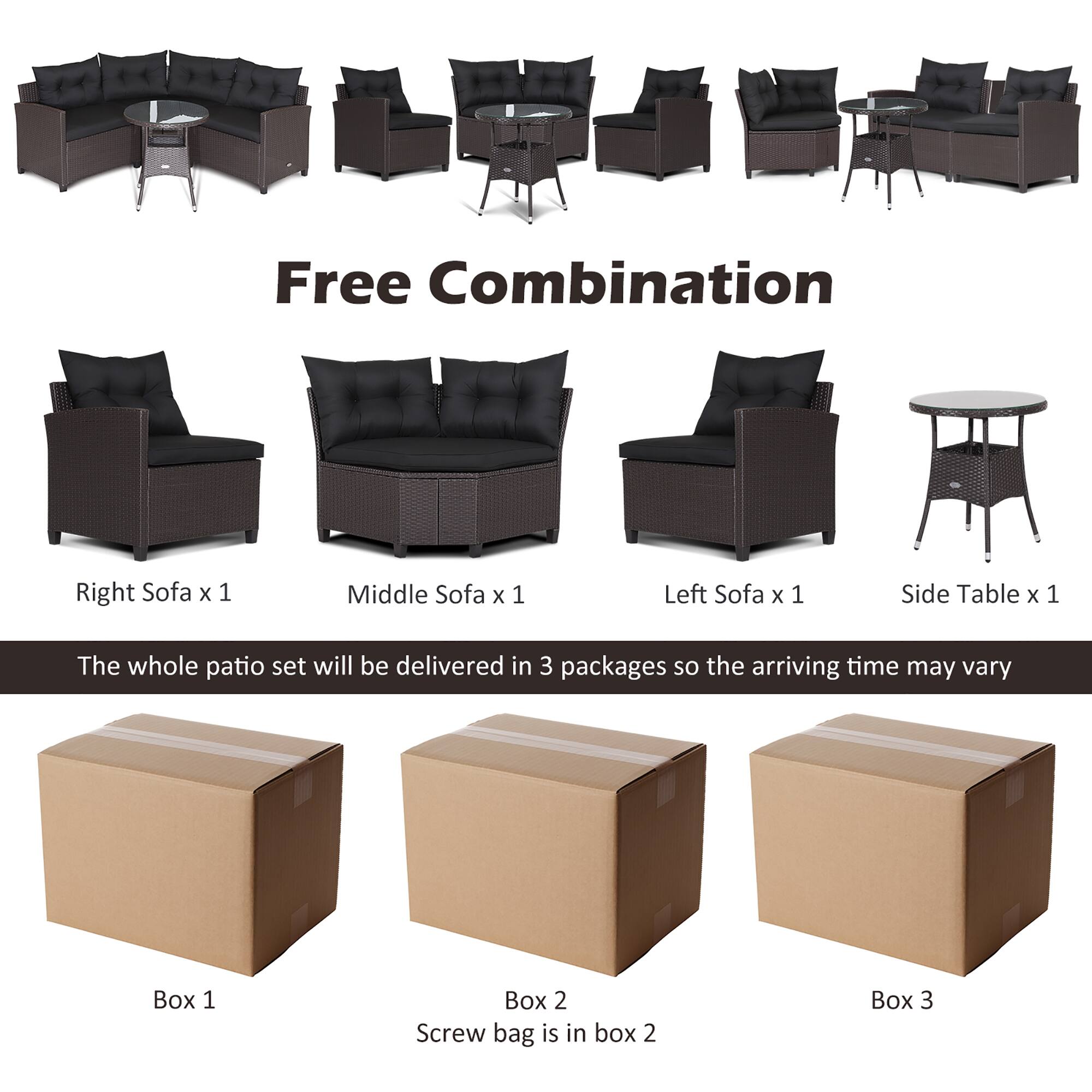 The text on the image is grouped and corrected as follows:

Free Combination:

* Right Sofa x 1
* Middle Sofa x 1
* Left Sofa x 1
* Side Table x 1

The whole patio set will be delivered in 3 packages, so the arriving time may vary.

Box 1:

* Box 1 contains the Right Sofa and the Side Table.

Box 2:

* Box 2 contains the Middle Sofa and the Screw bag.

Box 3:

* Box 3 contains the Left Sofa.