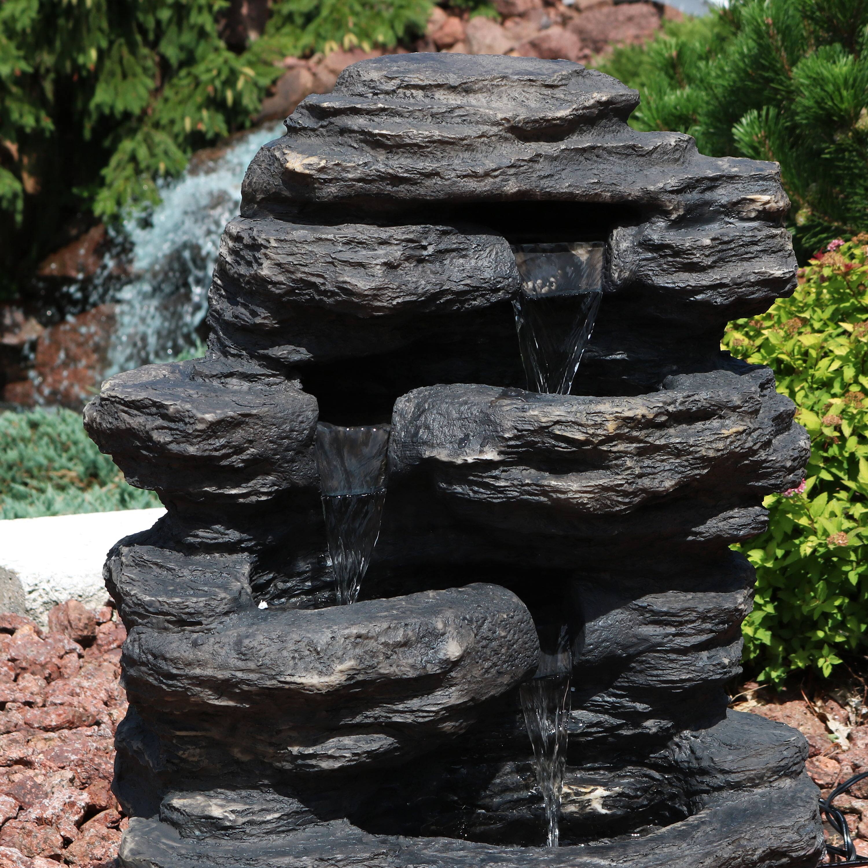 Alt View 4. Sunnydaze - Polystone Rock Falls Waterfall Fountain with LED Lights - 24 in - Grey.