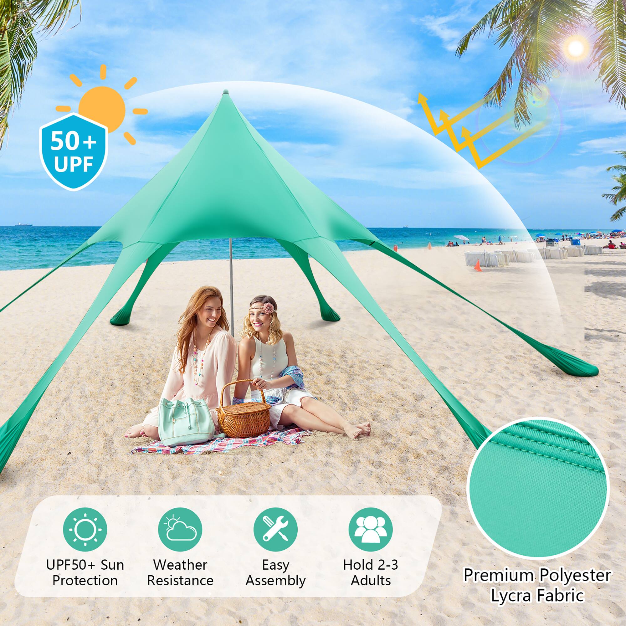 The text on the image is grouped and corrected as follows:

"50+ UPF Sun Weather Easy Protection Resistance Assembly Hold 2-3 Adults Premium Polyester Lycra Fabric."