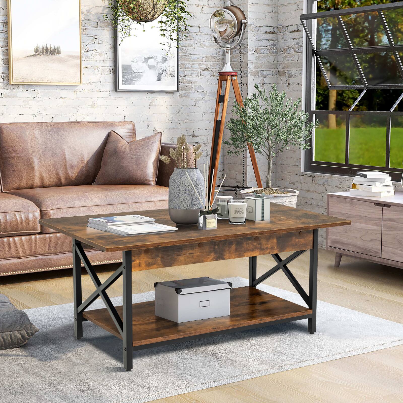 Alt View 17. Costway - Coffee Table  Industrial 2-Tier W/ Storage Shelf &Storage Shelf for Living Room - Rustic Brown.