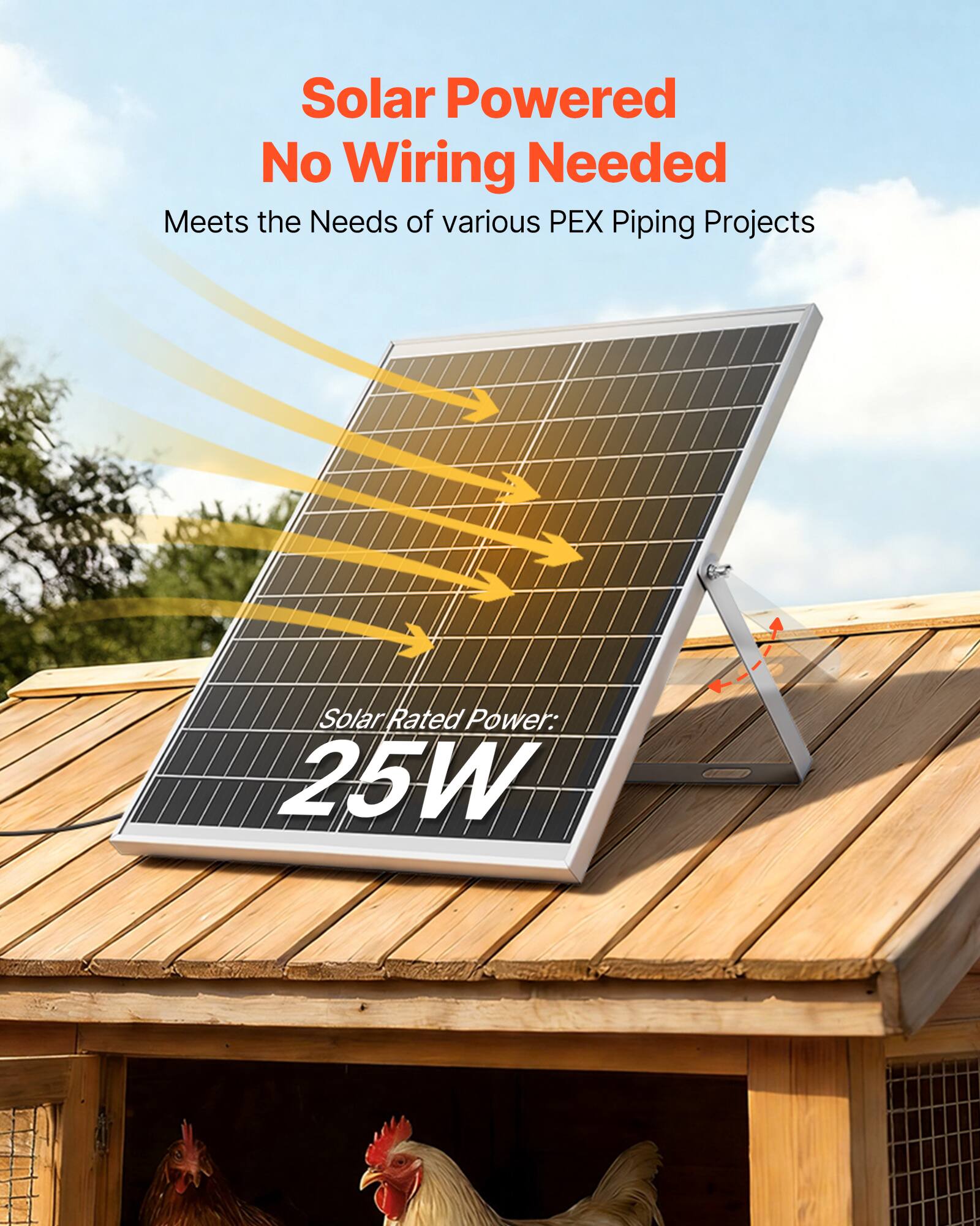 Solar Powered  
No Wiring Needed  

Meets the Needs of Various PEX Piping Projects  

Solar Rated Power: 25W
