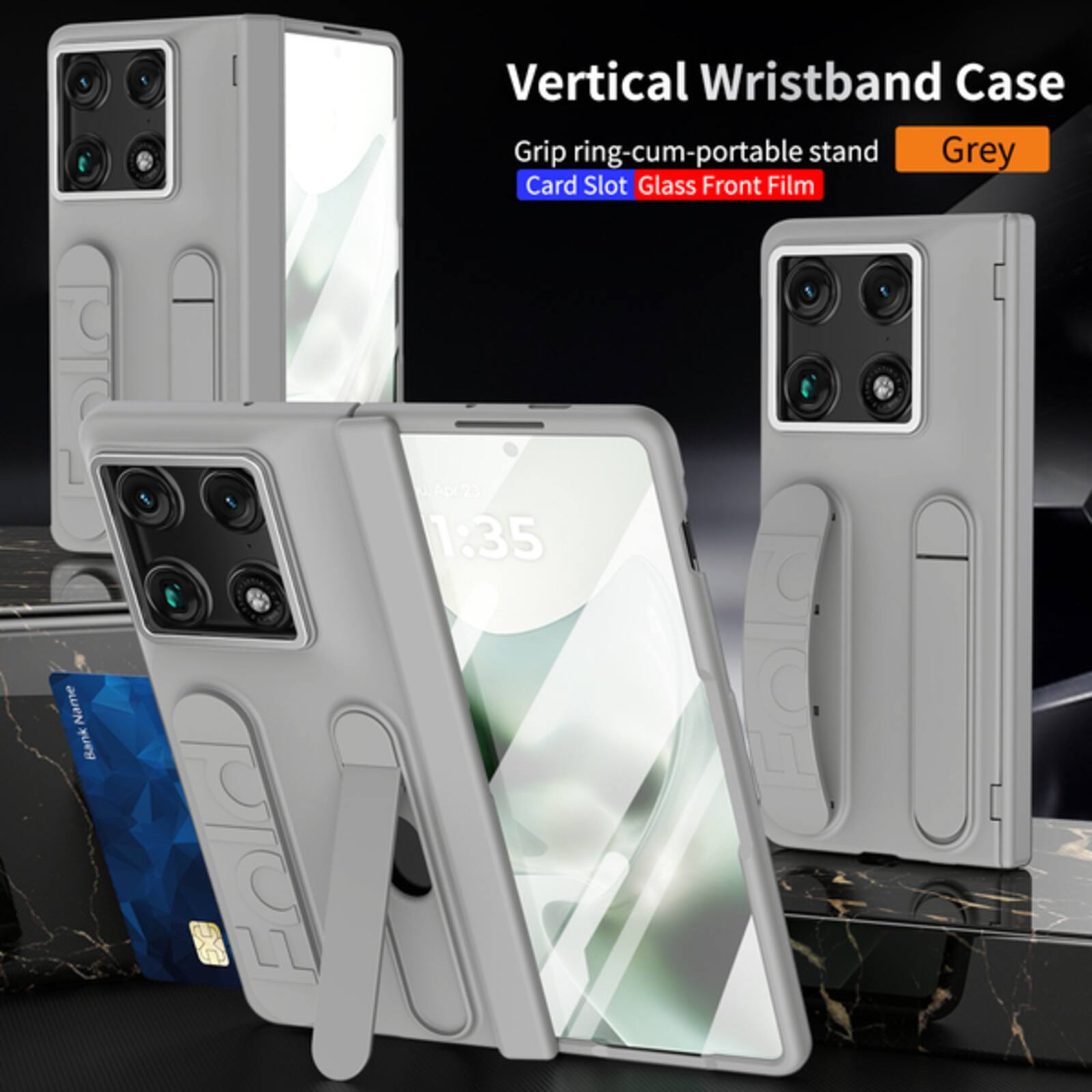 Vertical Wristband Case Grip ring-cum-portable stand Grey Card Slot Glass Front Film