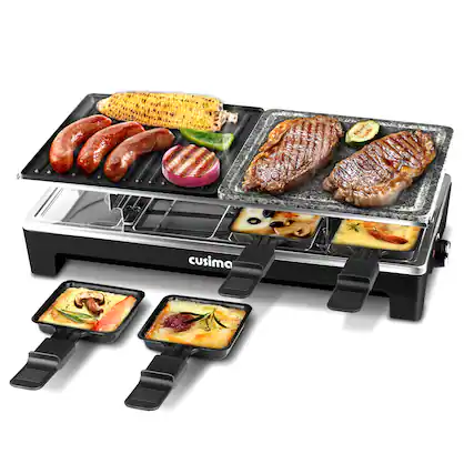 Front. Cusimax - 2 In 1 Plus 8 Pan Electric Raclette With Grill Stone Portable Indoor BBQ Nonstick Plate Tabletop For Family Fun - Black.
