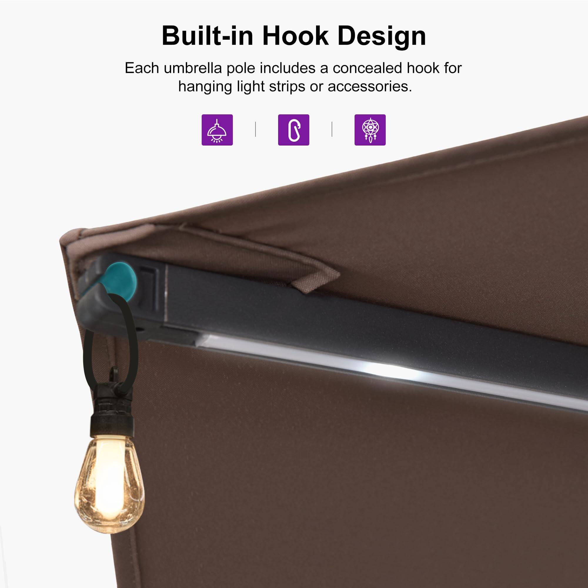 Built-in Hook Design  
Each umbrella pole includes a concealed hook for hanging light strips or accessories.