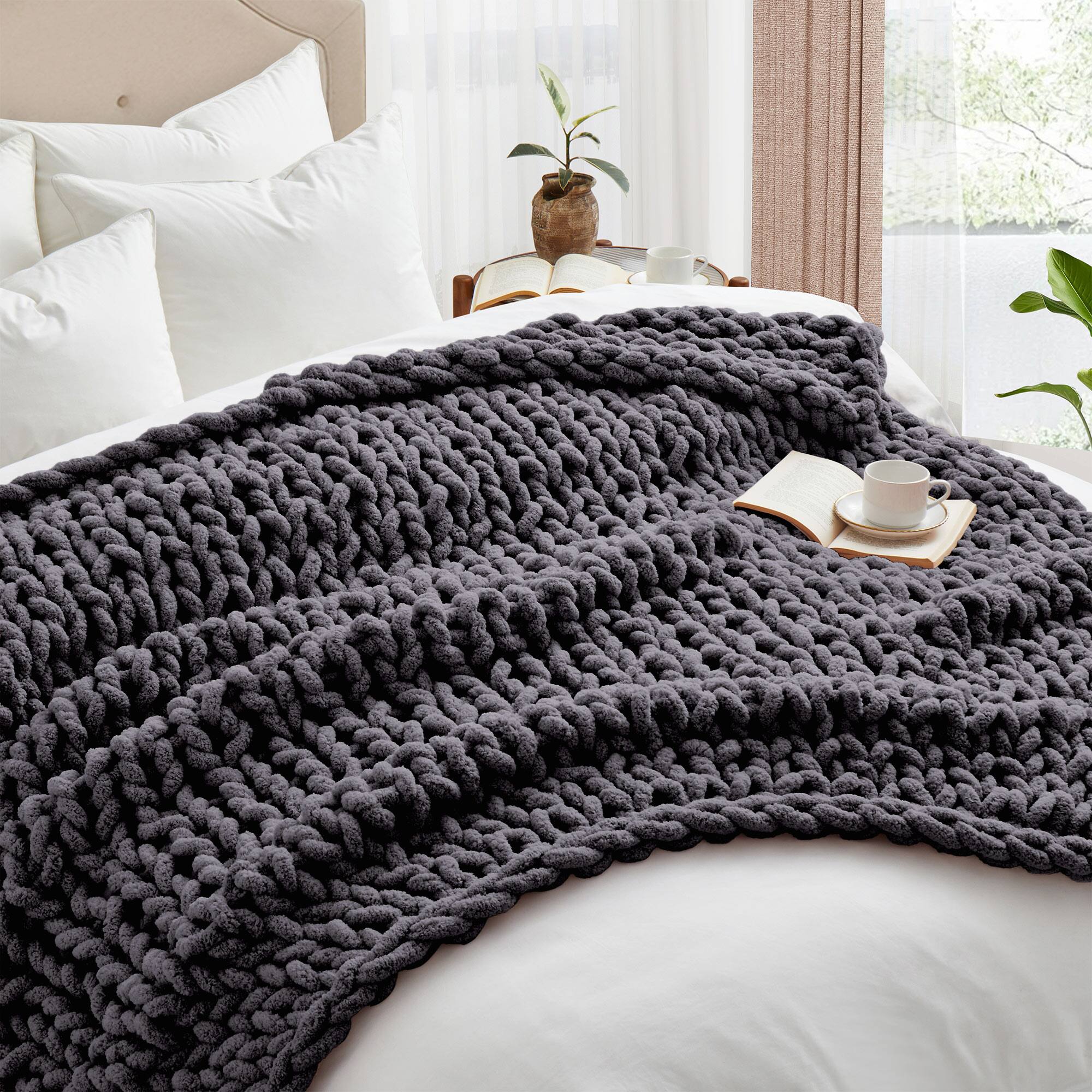 Left. Peace Nest - Peace Nest Handmade Chunky Knit Chenille Yarn Throw Blanket 50"x60", Gray - Gray.