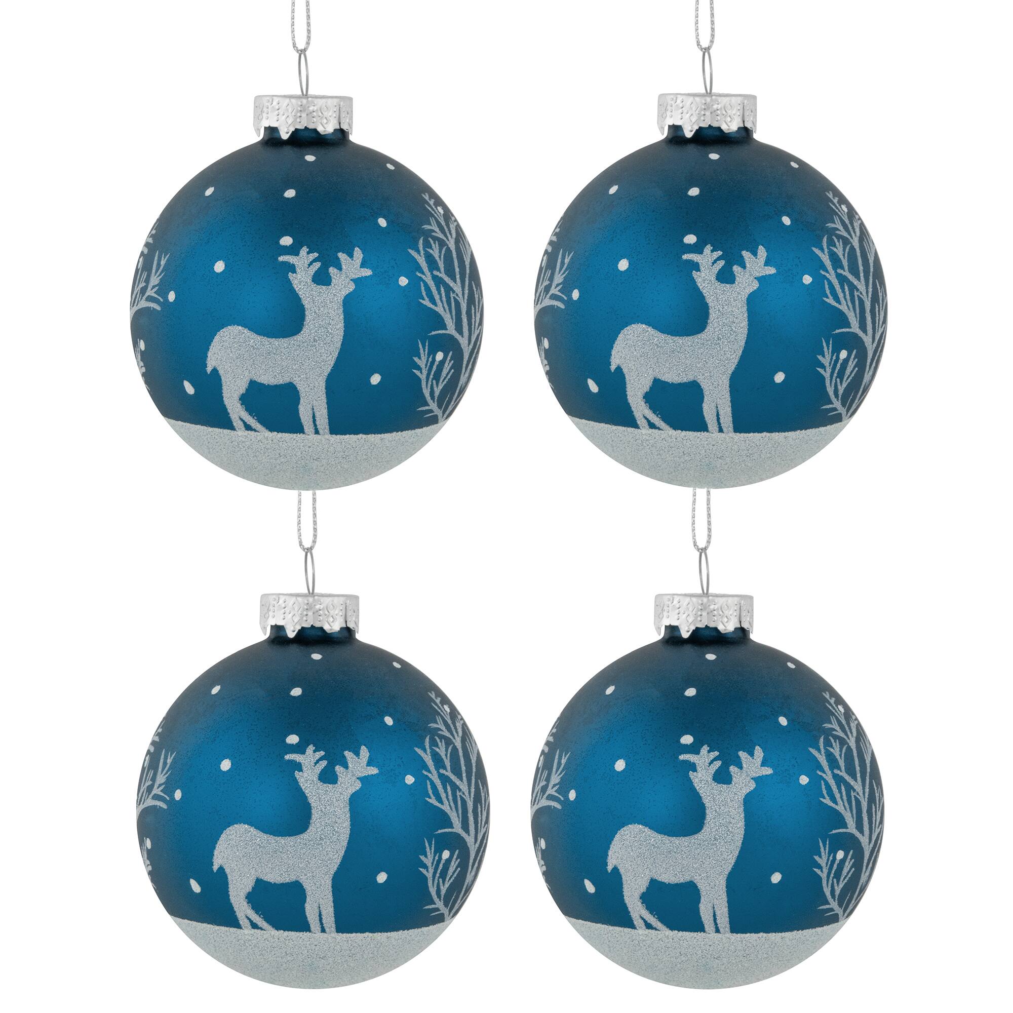 Front. Northlight - Glitter Reindeer Glass Ball Christmas Ornaments - 3" - Blue - 4ct - Blue.