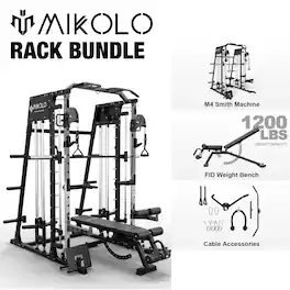 Mikolo - Smith Machine, 2200 lbs Power Rack Cage with 800 lbs Weight Bench and Cable Crossover System, Weight Bar - Black