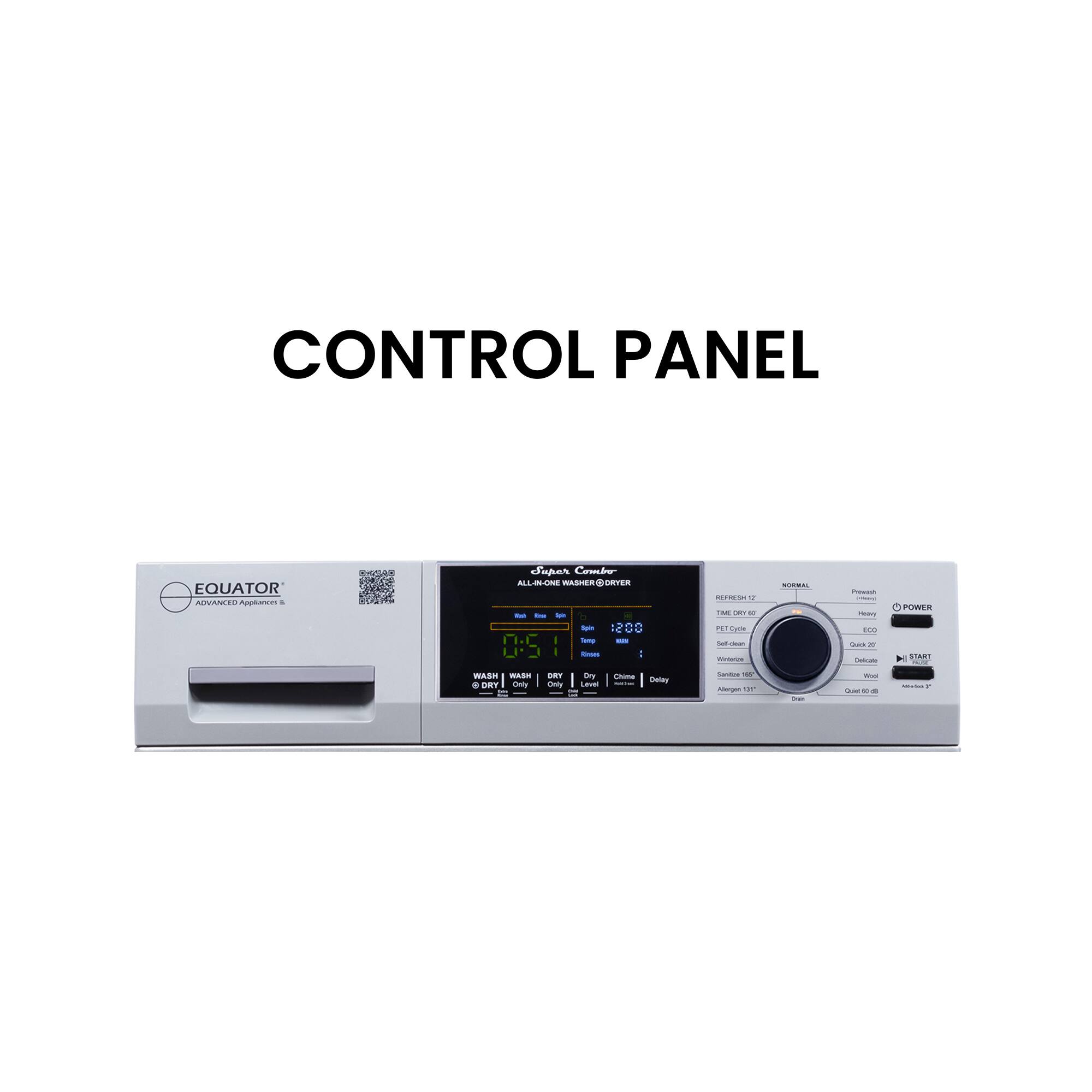 CONTROL PANEL EQUATOR All-in-one Washer/Dryer 12:00 N.C - Tamp - U - : ARO 5 FME - - TI - - - | - toS ..  - POWER T 1AT na5m wAI . LT I dly - B.T - Cmy  = nina Detar - - nargen .. - - - - -