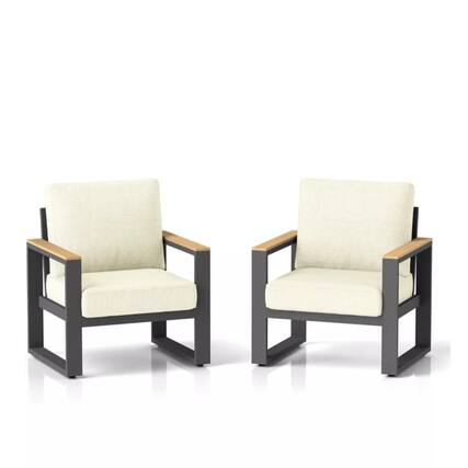 Front. Mondawe - Set of 2 26.6" Aluminum Patio Armchairs with Cushions - Beige+Black.