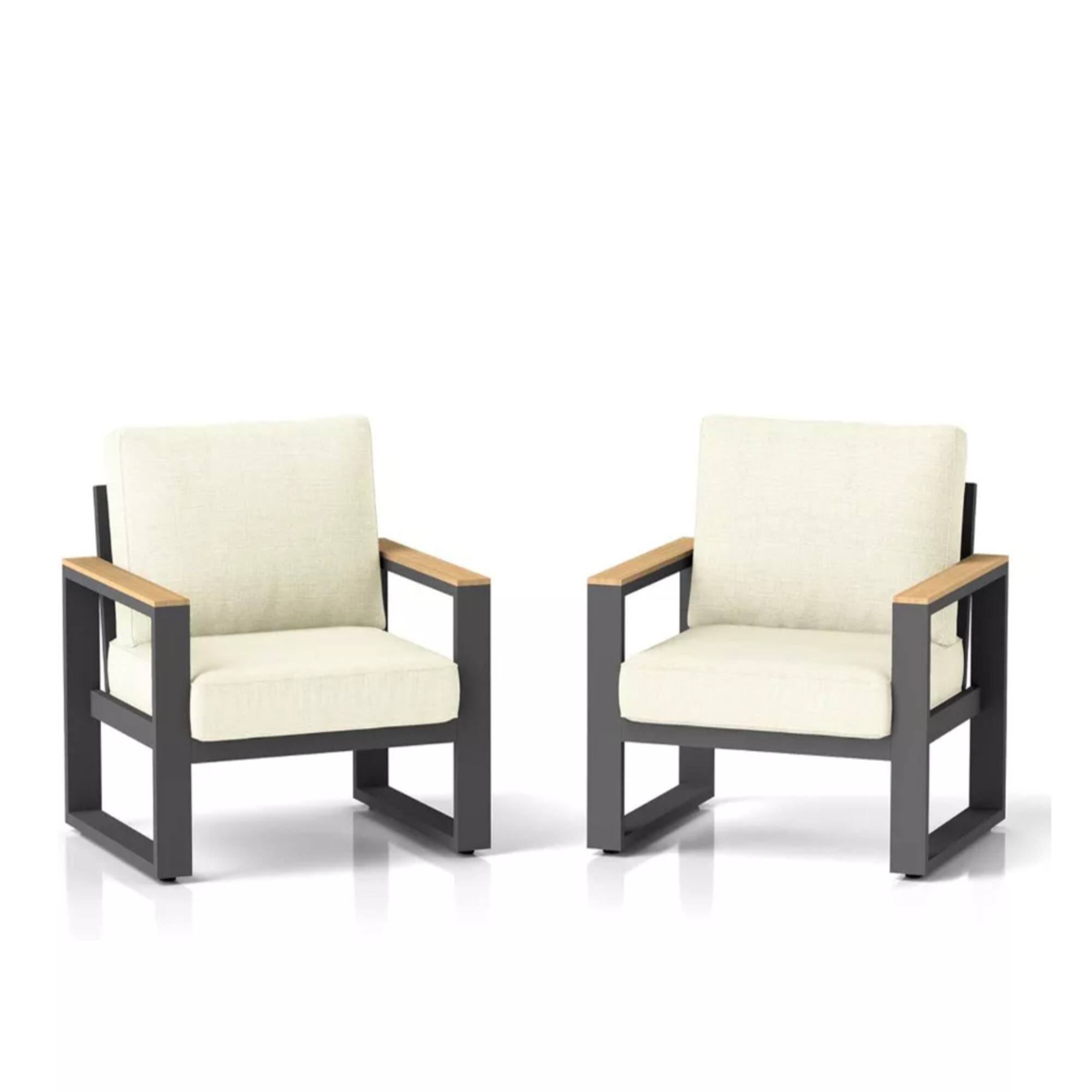 Front. Mondawe - Set of 2 26.6" Aluminum Patio Armchairs with Cushions - Beige+Black.