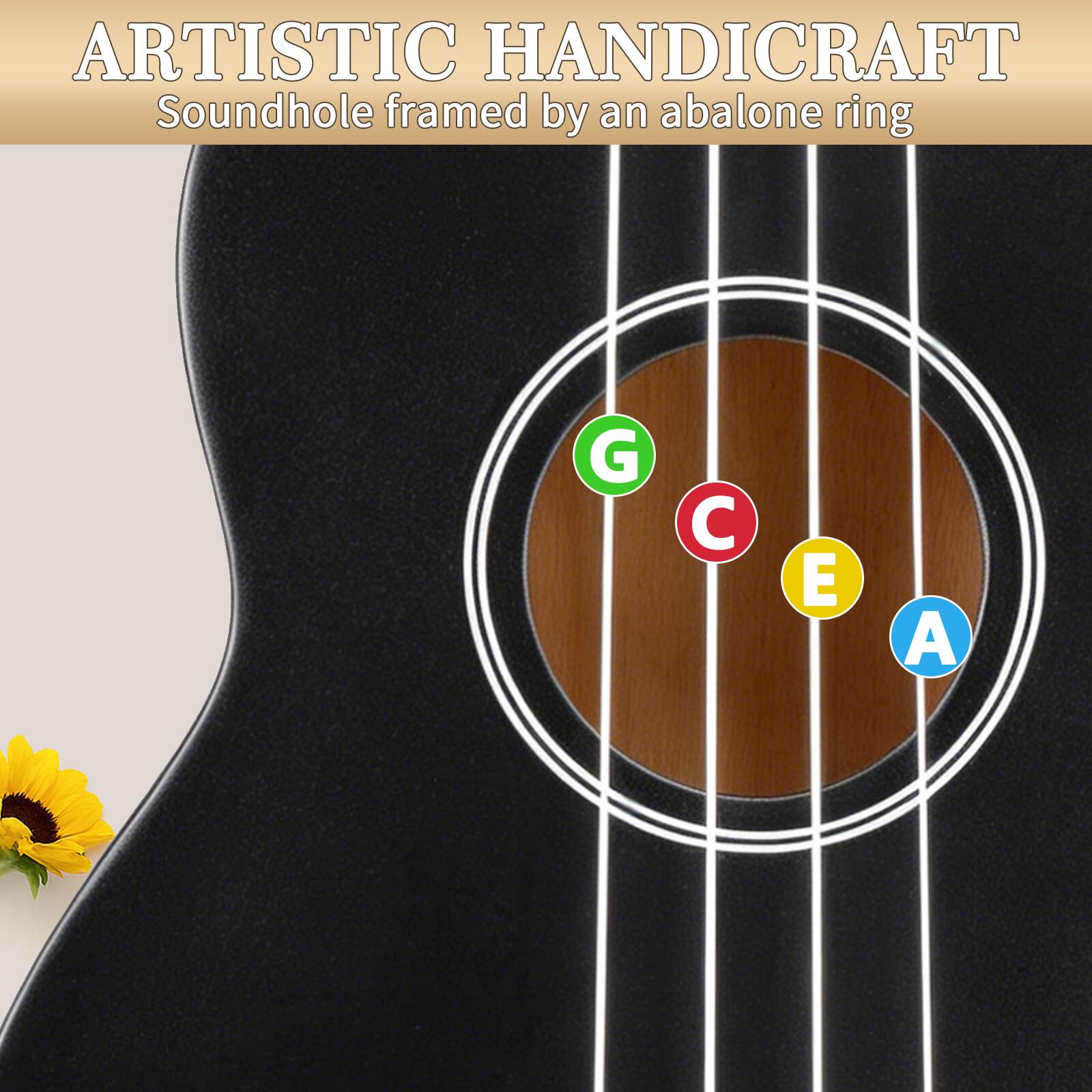 ARTISTIC HANDICRAFT  
Soundhole framed by an abalone ring  
G C E A