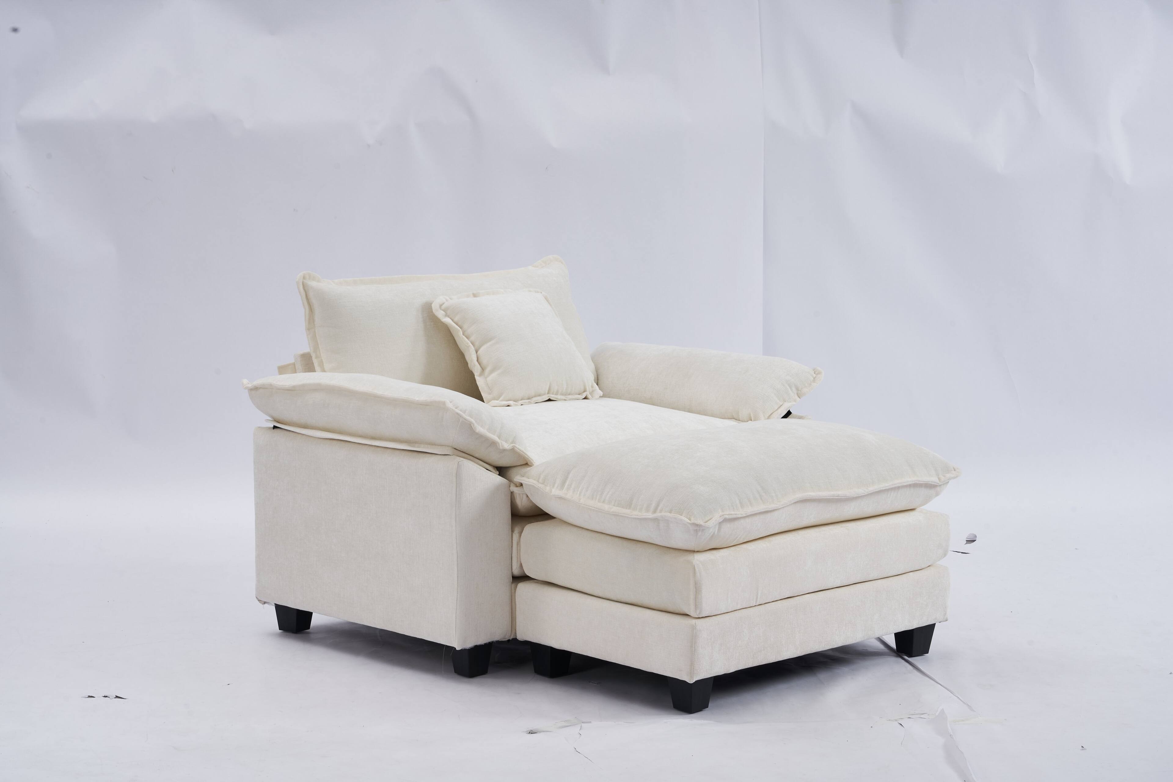 Alt View 3. JUJABU - Beige Chenille Modular Single Sofa with Ottoman and Pillow for Living Room - Beige.