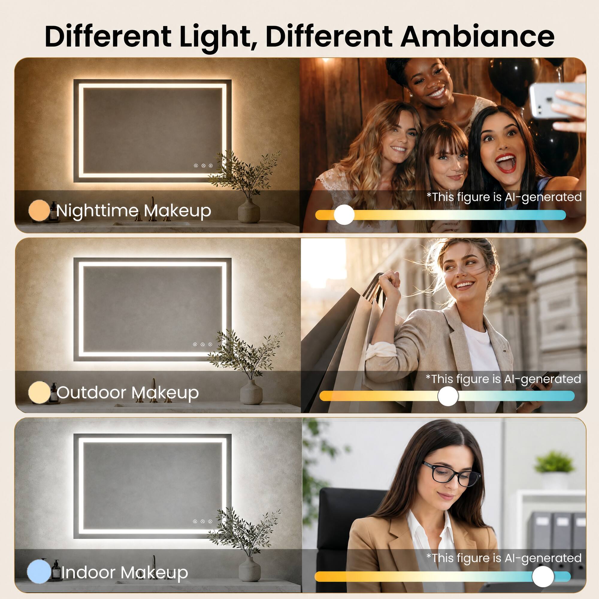 Different Light, Different Ambiance

Nighttime Makeup
*This figure is AI-generated

Outdoor Makeup
*This figure is AI-generated

Indoor Makeup
*This figure is AI-generated