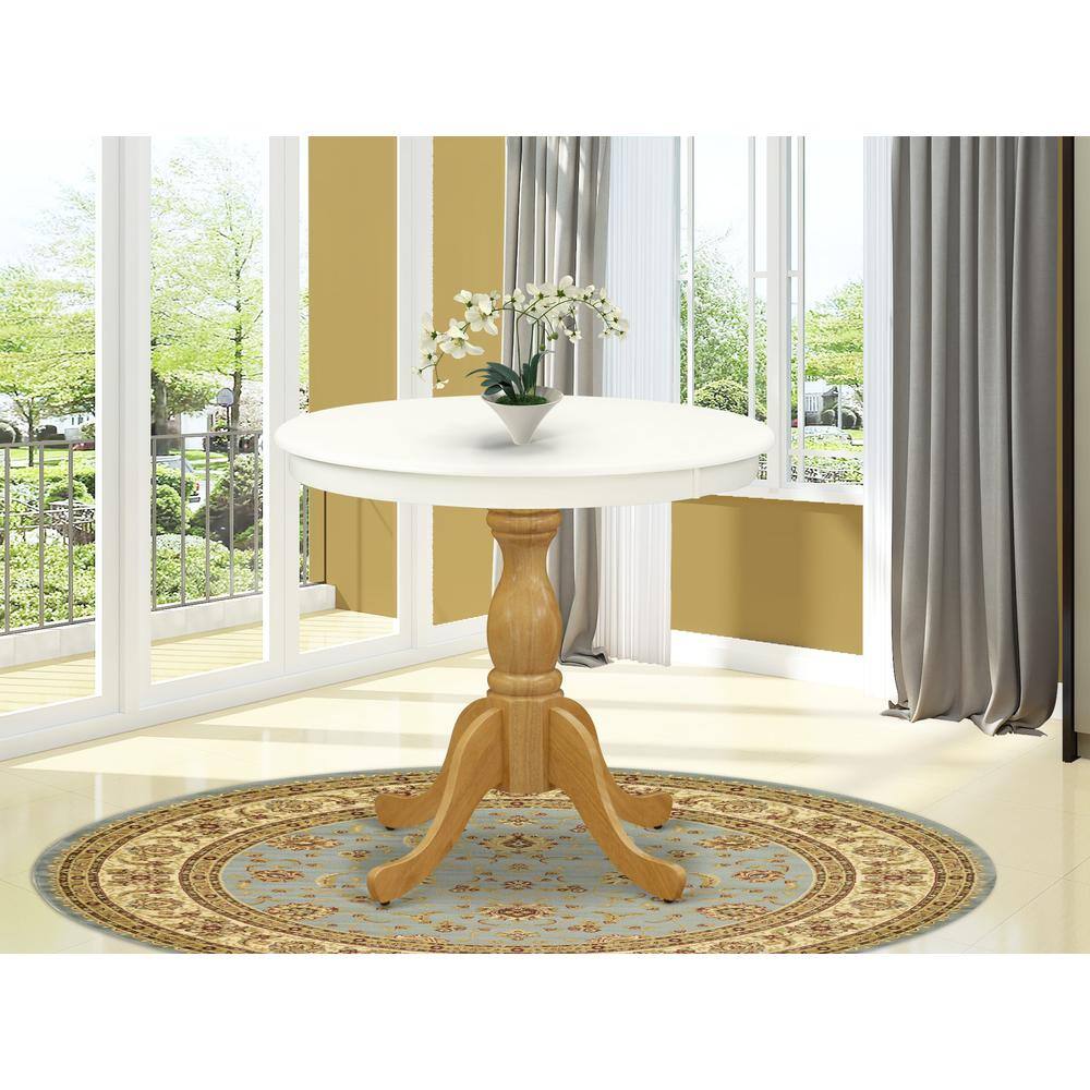 Angle. East West Furniture - East West Furniture Wood Dining Table - Linen White Table Top and Oak Pedestal Leg Finish - Multi-Color.