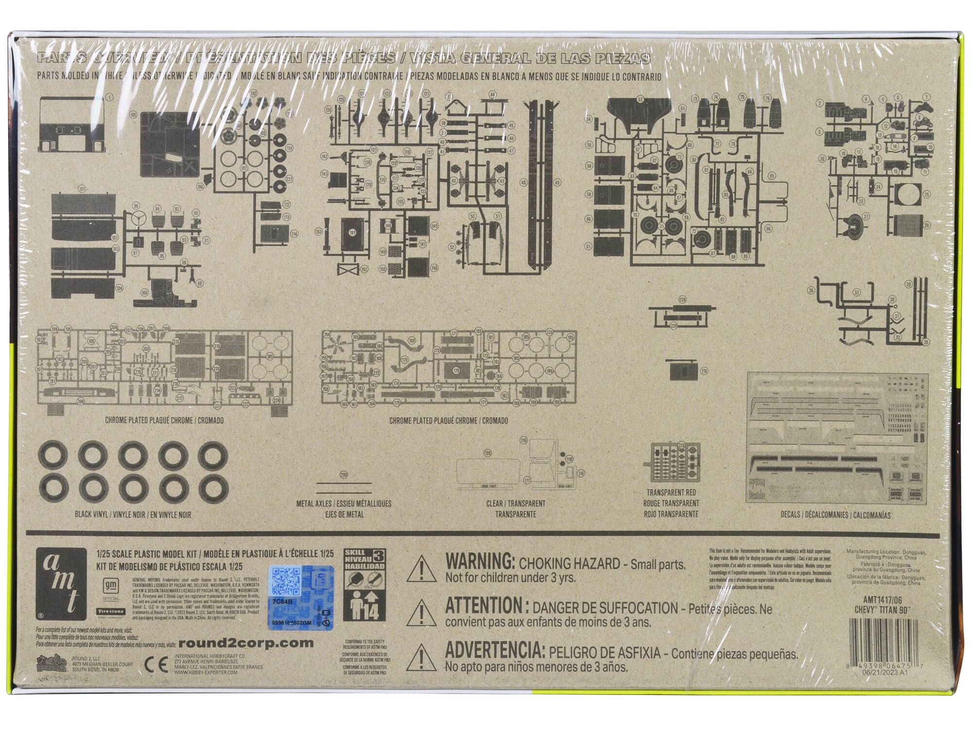 Sure, here is the corrected and grouped text from the image:

---

**Parts N°:**

- **Chrome Plated Plaque Chrome / Cromado**
- **Black Vinyl / Noir en Vinyle / Negro en Vinilo**
- **Metal Axles / Essieu Métalliques / Ejes de Metal**
- **Clear Transparent / Transparente / Rojo Transparente**
- **Decals / Decalcomanies / Calcomanías**

**1/25 Scale Plastic Model Kit / Modèle en Plastique à l'Échelle 1/25**

**Kit de Modelismo de Plástico Escala 1/25**

**Skill Level 3**

**Habilidad 3**

**Niveau 3**

**WARNING: CHOKING HAZARD - Small parts. Not for children under 3 yrs.**

**ATTENTION: DANGER DE SUFFOCATION - Petites pièces. Ne convient pas aux enfants de moins de 3 ans.**

**ADVERTENCIA: PELIGRO DE ASFIXIA - Contiene piezas pequeñas. No apto para niños menores de 3 años.**

**For complete instructions for your model kit, log in and