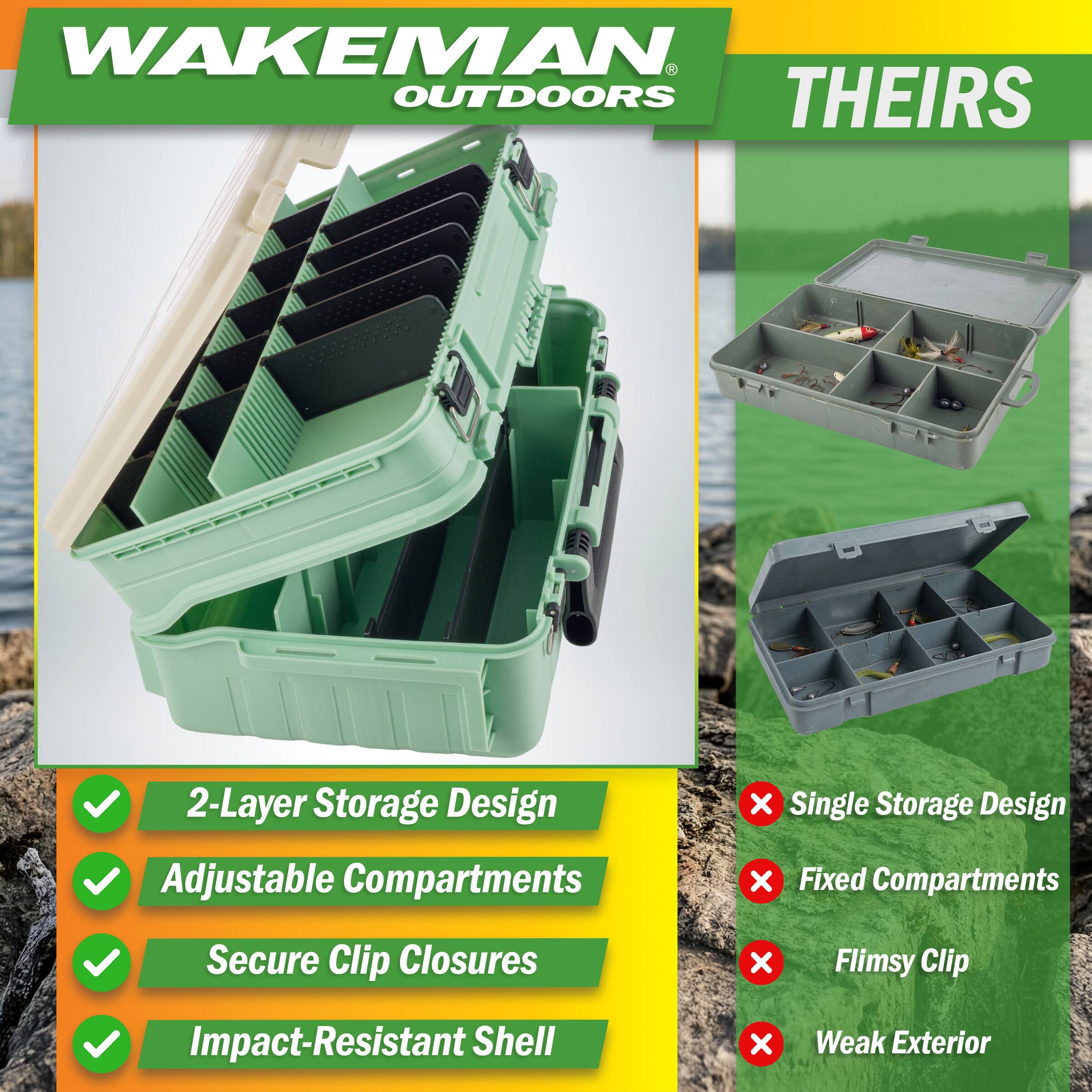 WAKEMAN OUTDOORS

THEIRS

- 2-Layer Storage Design
- Adjustable Compartments
- Secure Clip Closures
- Impact-Resistant Shell

THEIRS

- Single Storage Design
- Fixed Compartments
- Flimsy Clip
- Weak Exterior