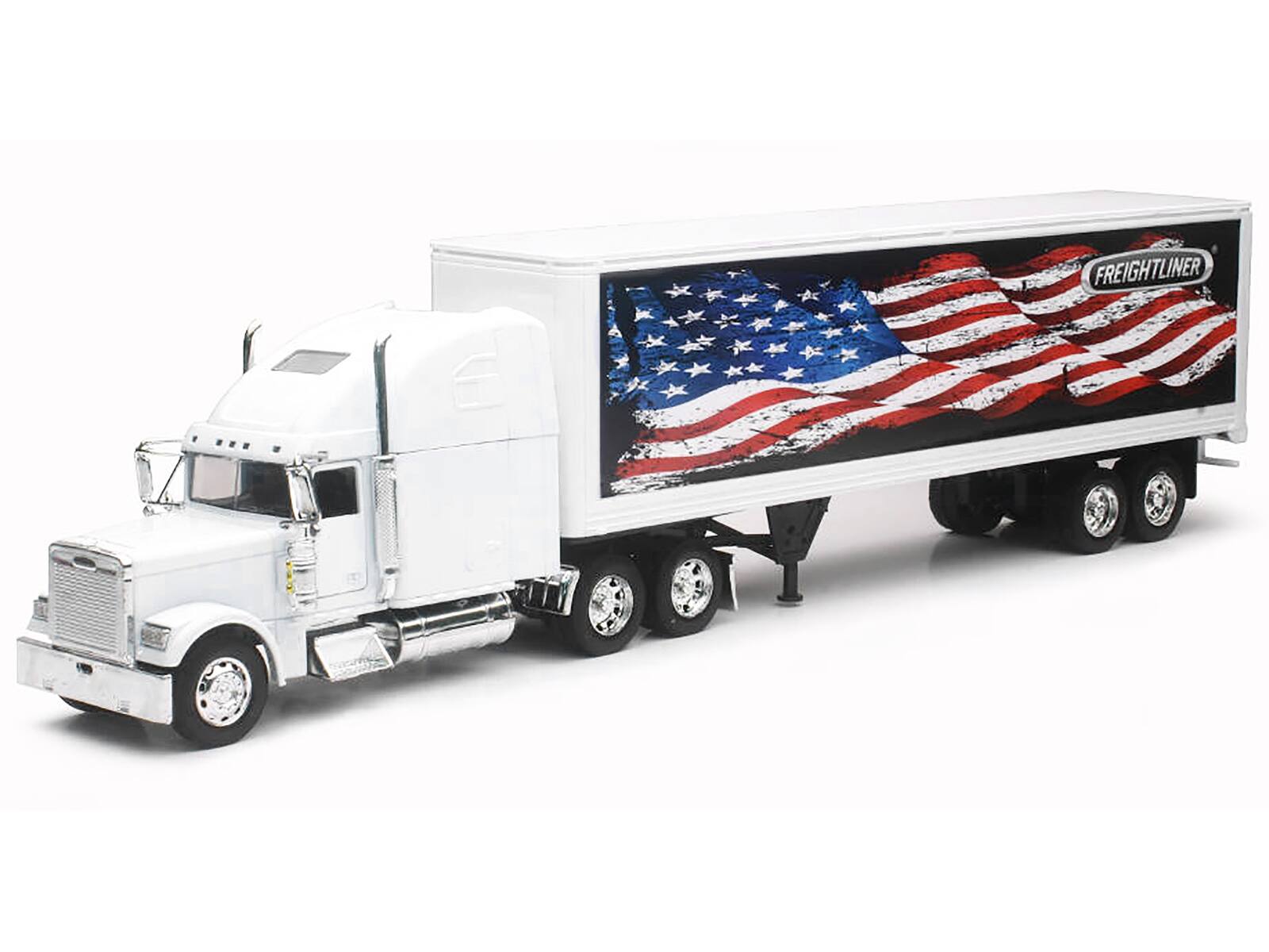 Alt View 1. New Ray - Freightliner Classic XL Truck White with Dry Van Trailer White with Patriotic Graphic 1/32 Diecast Model by New Ray.