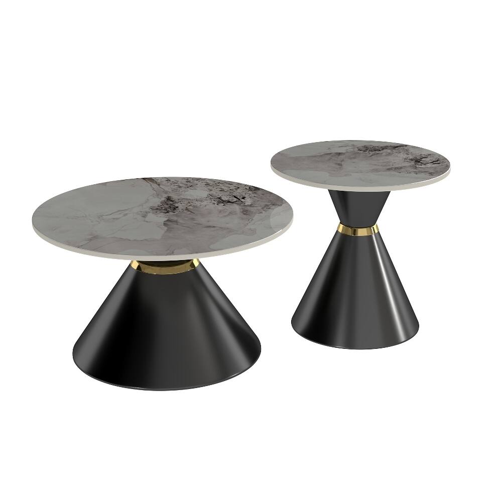 Angle. Loheer - Loheer Round Nesting Coffee Table Set of 2 Sintered Stone Top Black Pedestal Base - Black and Gold.
