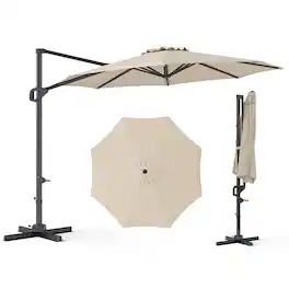 Costway - 10 FT Patio Cantilever Umbrella with 360° Rotation, Easy Tilt Adjustment, 8 Ribs - Beige