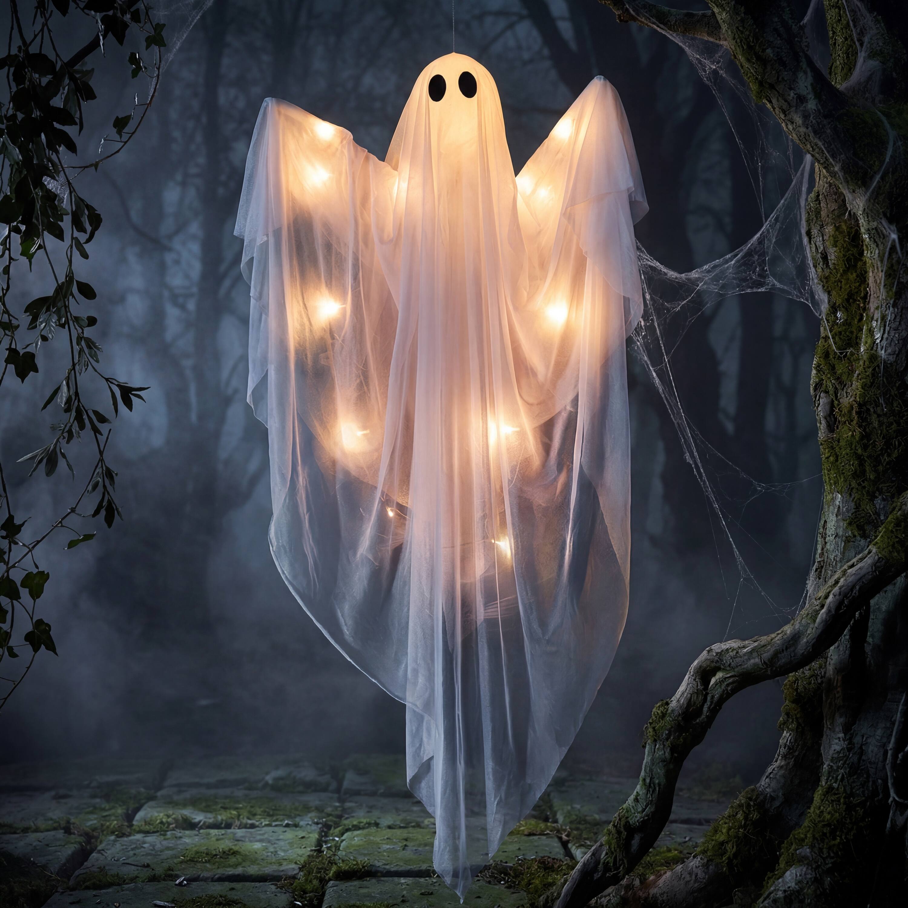 Angle. Joyfy - 47" LED Light Hanging Ghost Halloween Decoration – Warm White Glow for Indoor, Outdoor, Yard & Lawn Displays - White.
