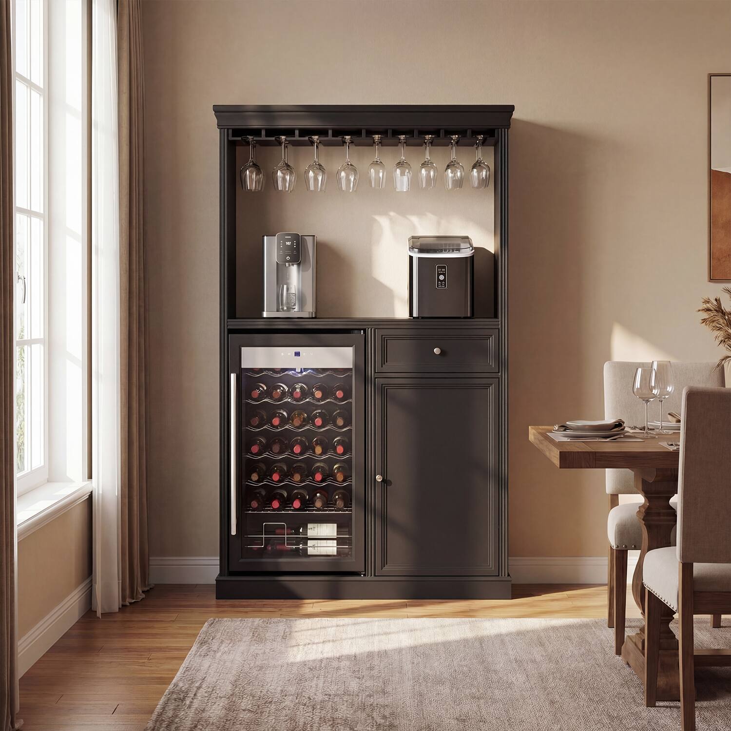 Angle. Famapy - Bar Cabinet with 85L Wine Fridge, Holds 34 Bottles, Freestanding Liquor Cabinet with Glass Rack, Drawer & Storage - Black.