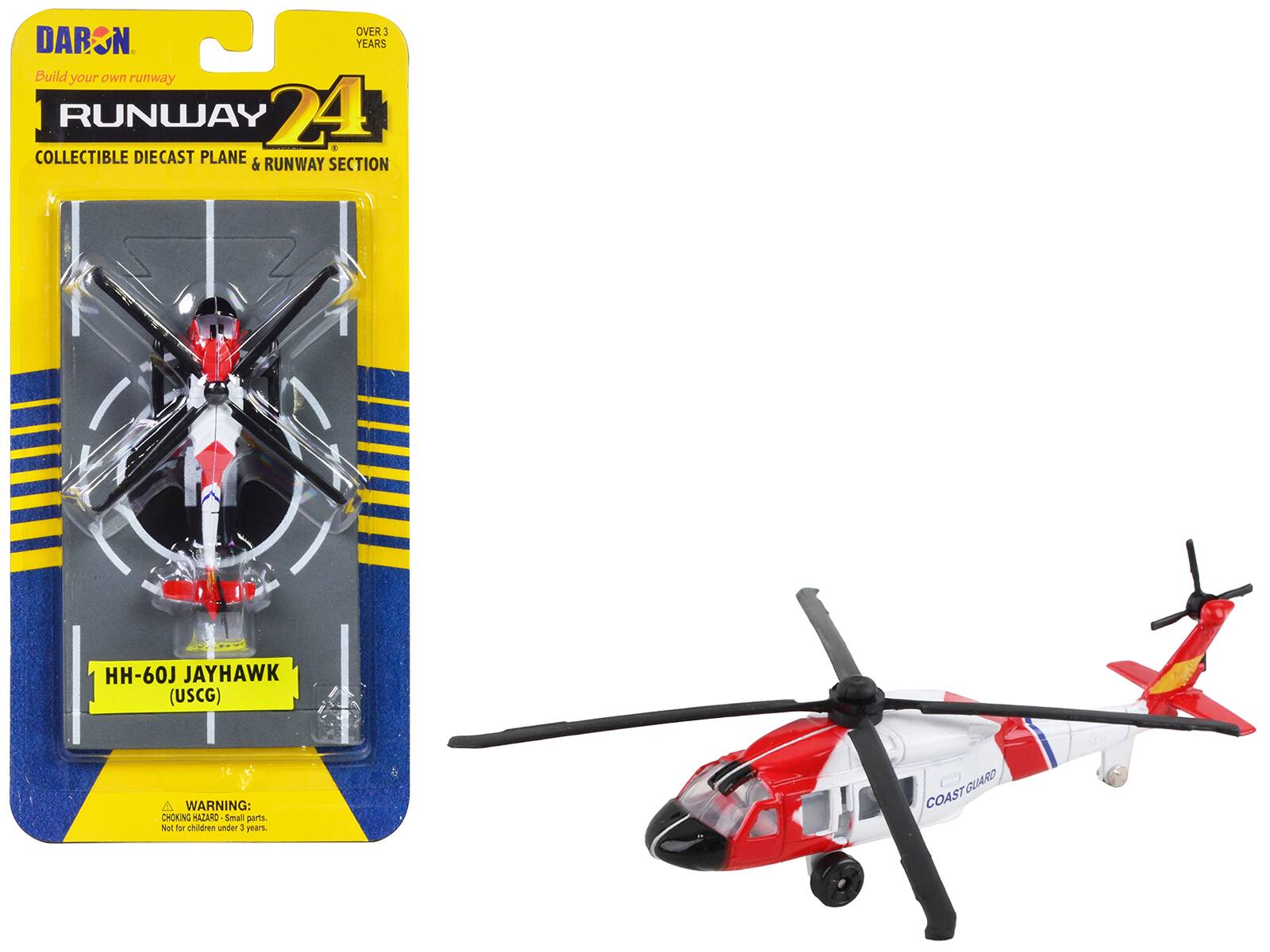 DARON  
Build your own runway  
RUNWAY 24  
COLLECTIBLE DIECAST PLANE & RUNWAY SECTION  

HH-60J JAYHAWK (USCG)  

WARNING: CHOKING HAZARD - Small parts. Not for children under 3 years.