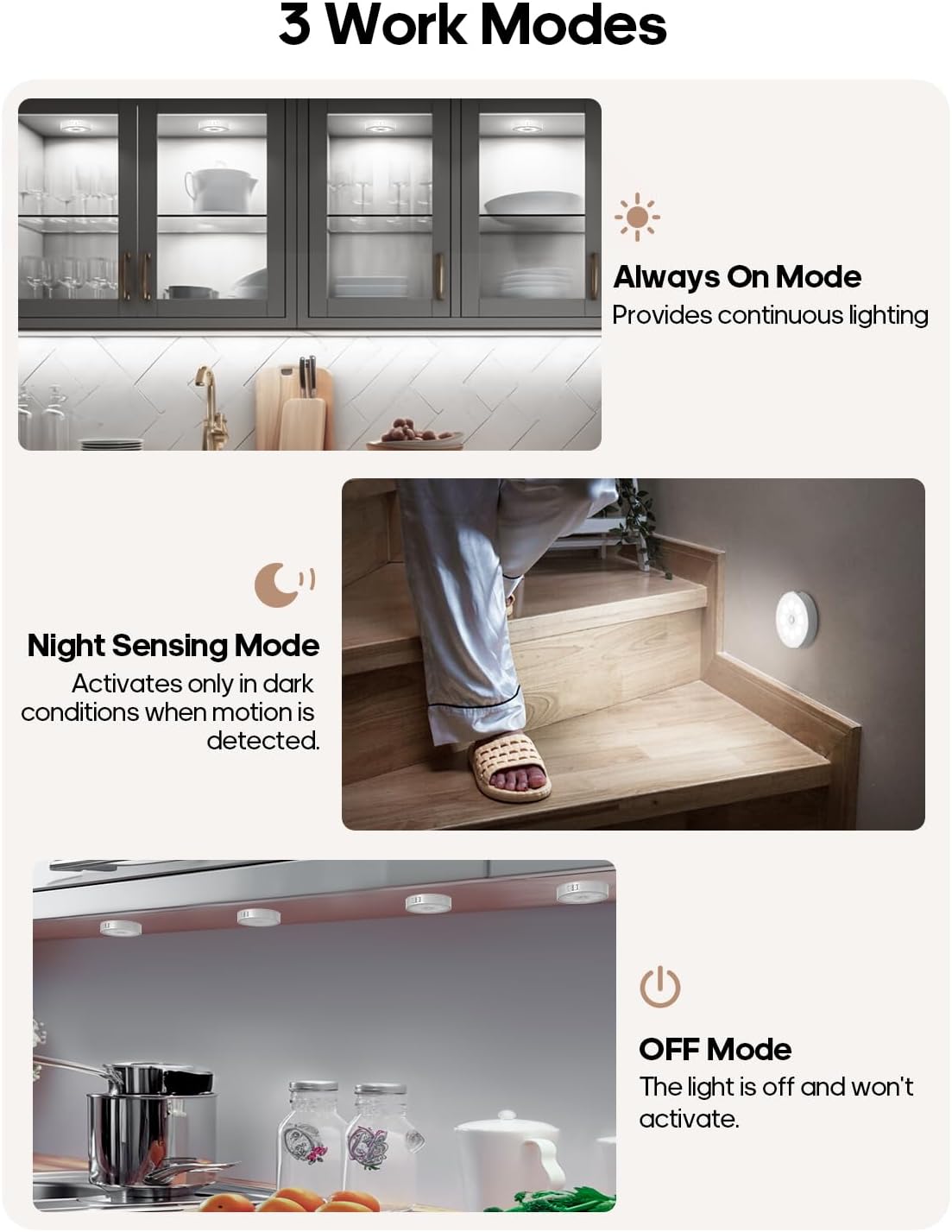 3 Work Modes

- Always On Mode  
  Provides continuous lighting

- Night Sensing Mode  
  Activates only in dark conditions when motion is detected.

- OFF Mode  
  The light is off and won't activate.